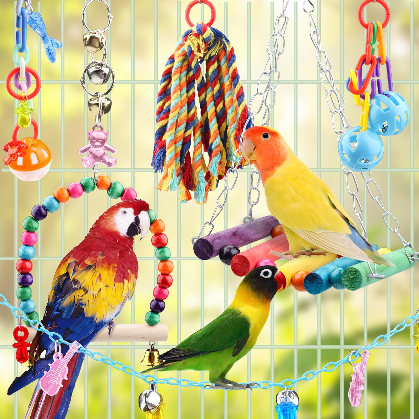 QUOZUO Jouets pour Oiseaux, 9 Pièces Jouet Perroquet, Jouets à Mâcher à Suspendre, Accessoire de Cage à Oiseaux, Balançoire, Échelle, Cloches, pour Perroquet, Pinsons
