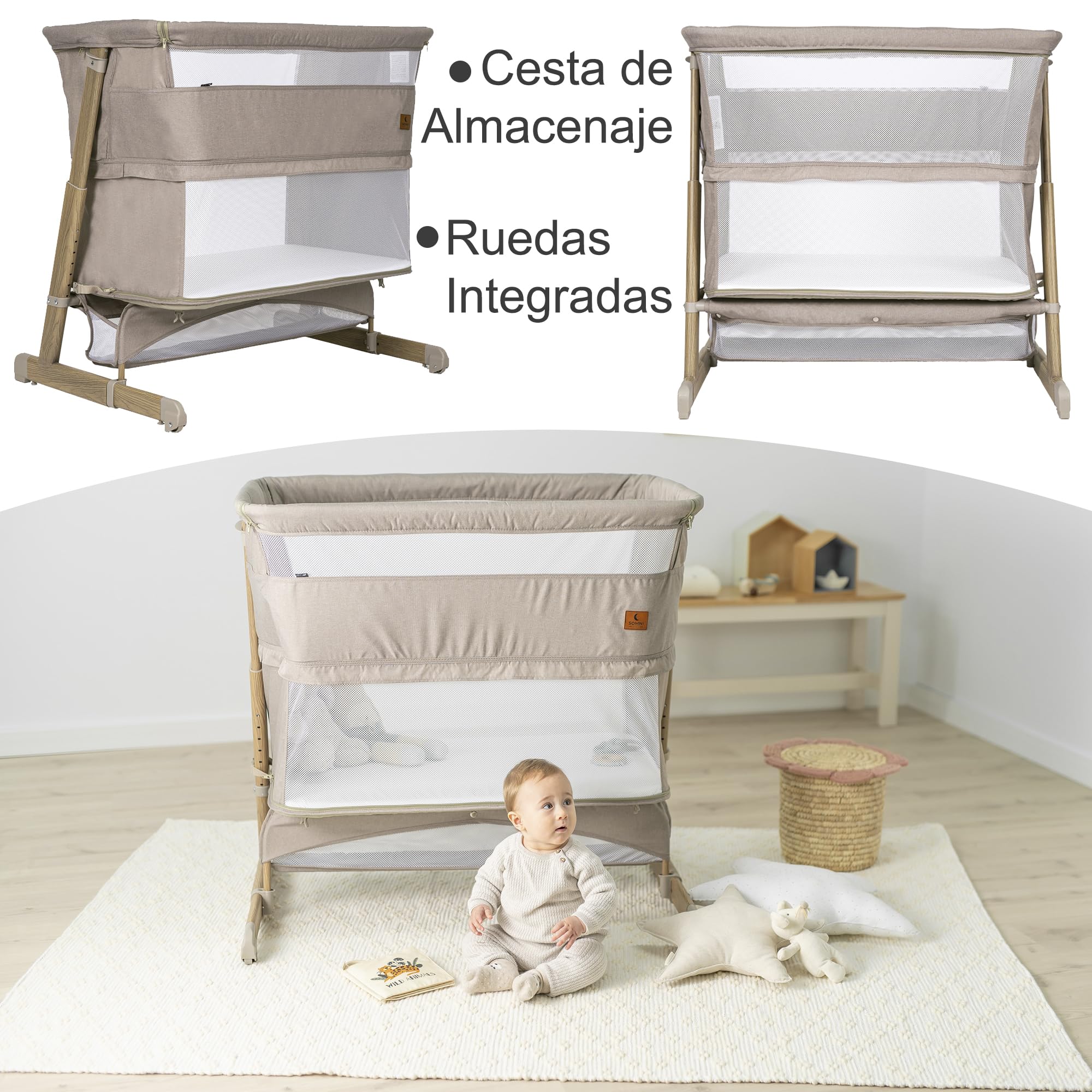 Olmitos – Cuna Bebe multifunción Colecho 4 en 1 Cama Infantil SOMNI evolutiva – Minicuna Convertible y Parque de Juegos 2 Niveles – Sofa Infantil Colchón viscoelástico 15cm con Barrera (Beige)