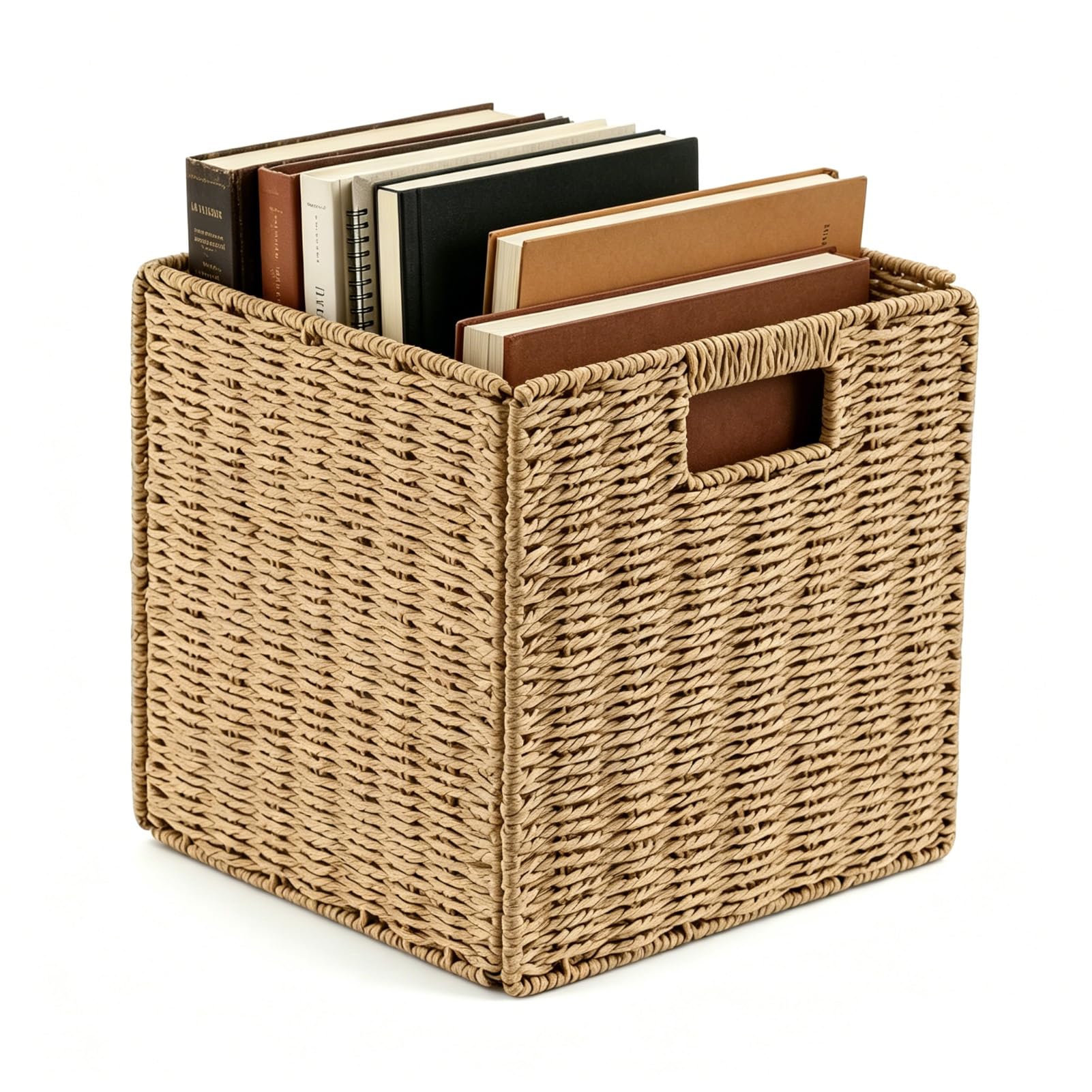 Minifactory Faux Wicker Storage Baskets with Handles Foldable Cube Organizer Bins for Shelves Sturdy Woven Baskets for Laundry Books & Pantry Organization Home Decor Storage Solution (Natural, Large)