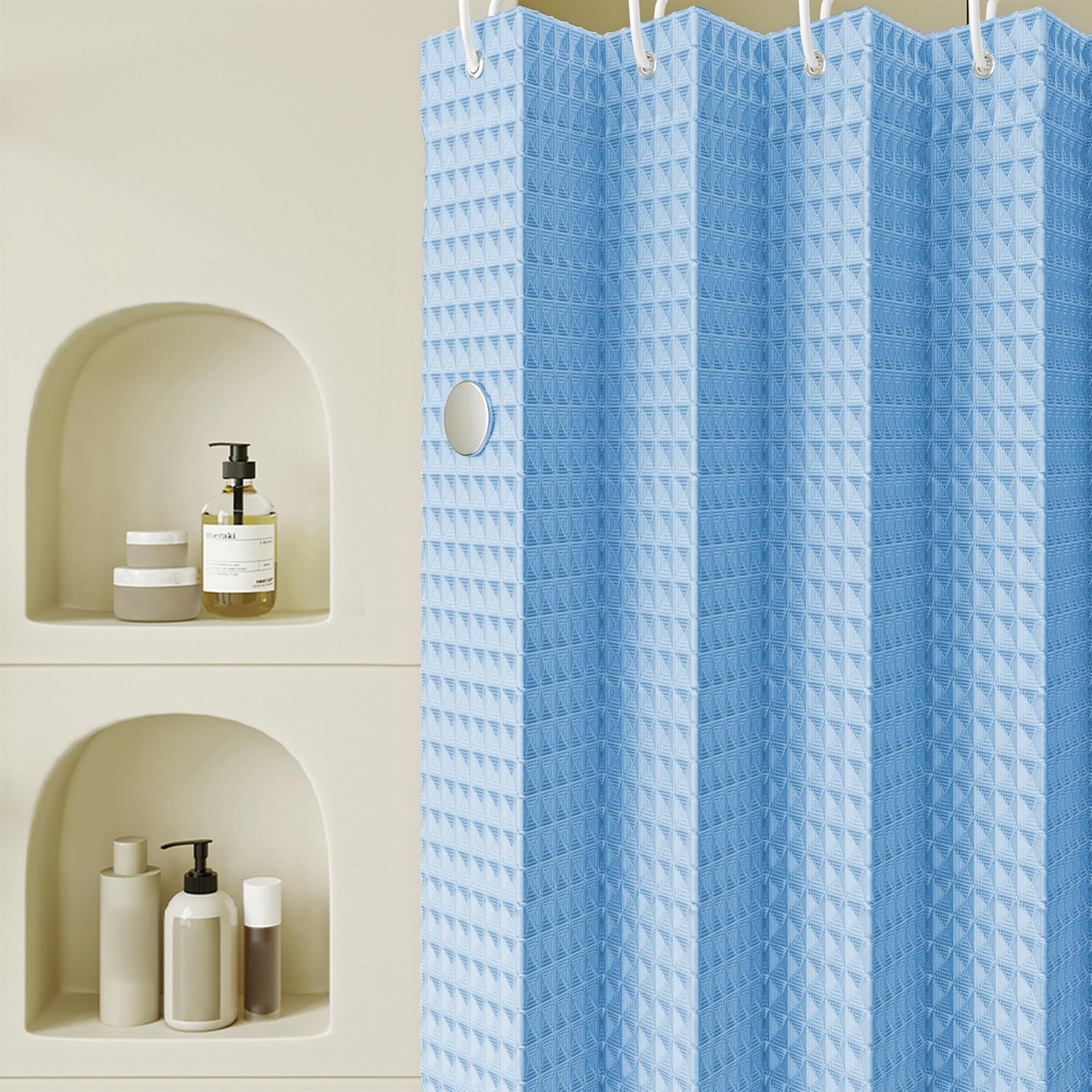 Tenda Doccia Magnetica Pieghevole Impermeabile Cialda con ganci, Tenda da Doccia Antispruzzo, Tenda da Doccia Antimuffa per il bagno, Blu, 120x200cm