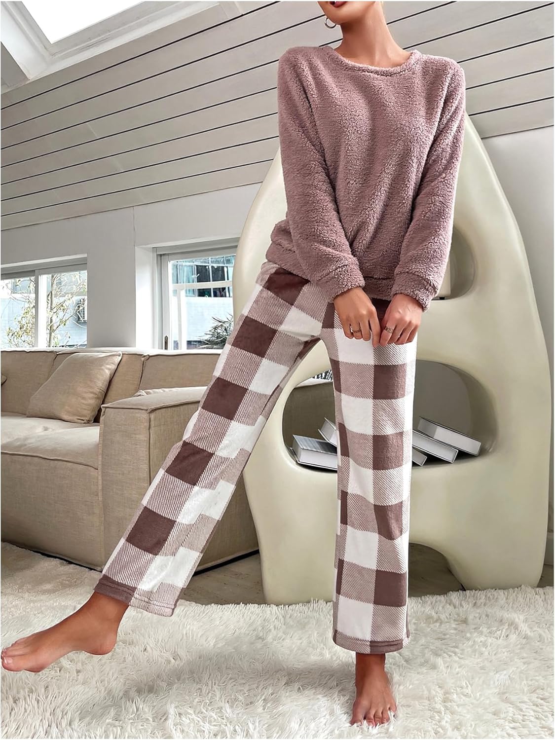 Milumia Women's 2 Piece Fuzzy Pajama Set Long Sleeve Top and Plaid Pants Sets Sleepwear Loungewear - Image 3