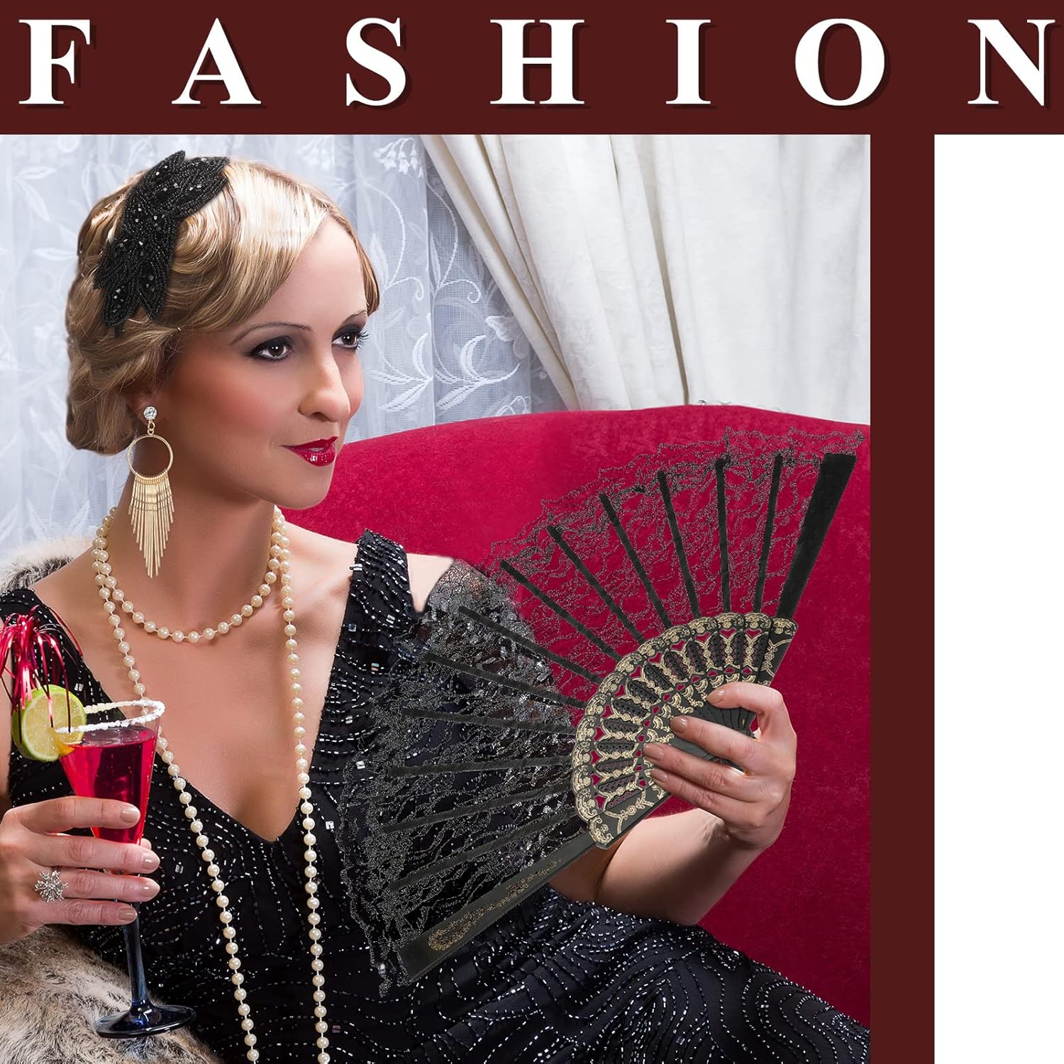 BBTO 6 Pack 1920s Flapper Accessories Set Halloween Party Costume for Women Headpiece Fan Pearl Necklace Earrings and Glove - Image 7