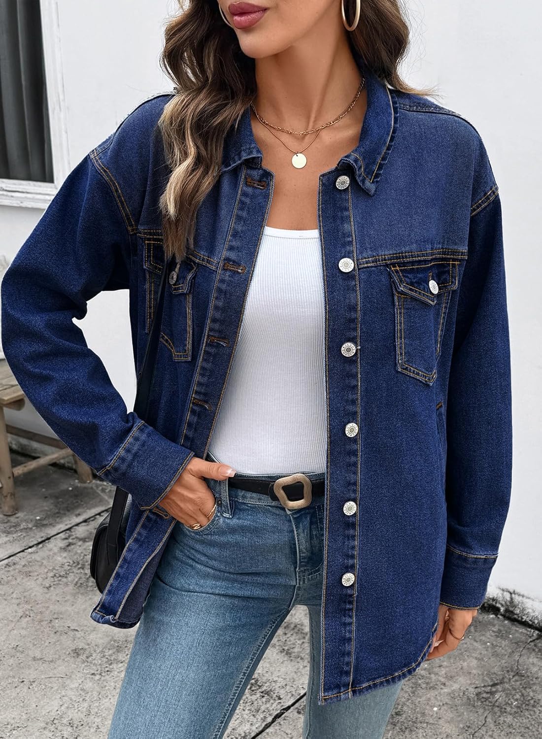 Sidefeel Women's Jean Jacket Casual Long Sleeve Button Down Oversized Denim Jacket Trendy Fall Outfits - Image 4