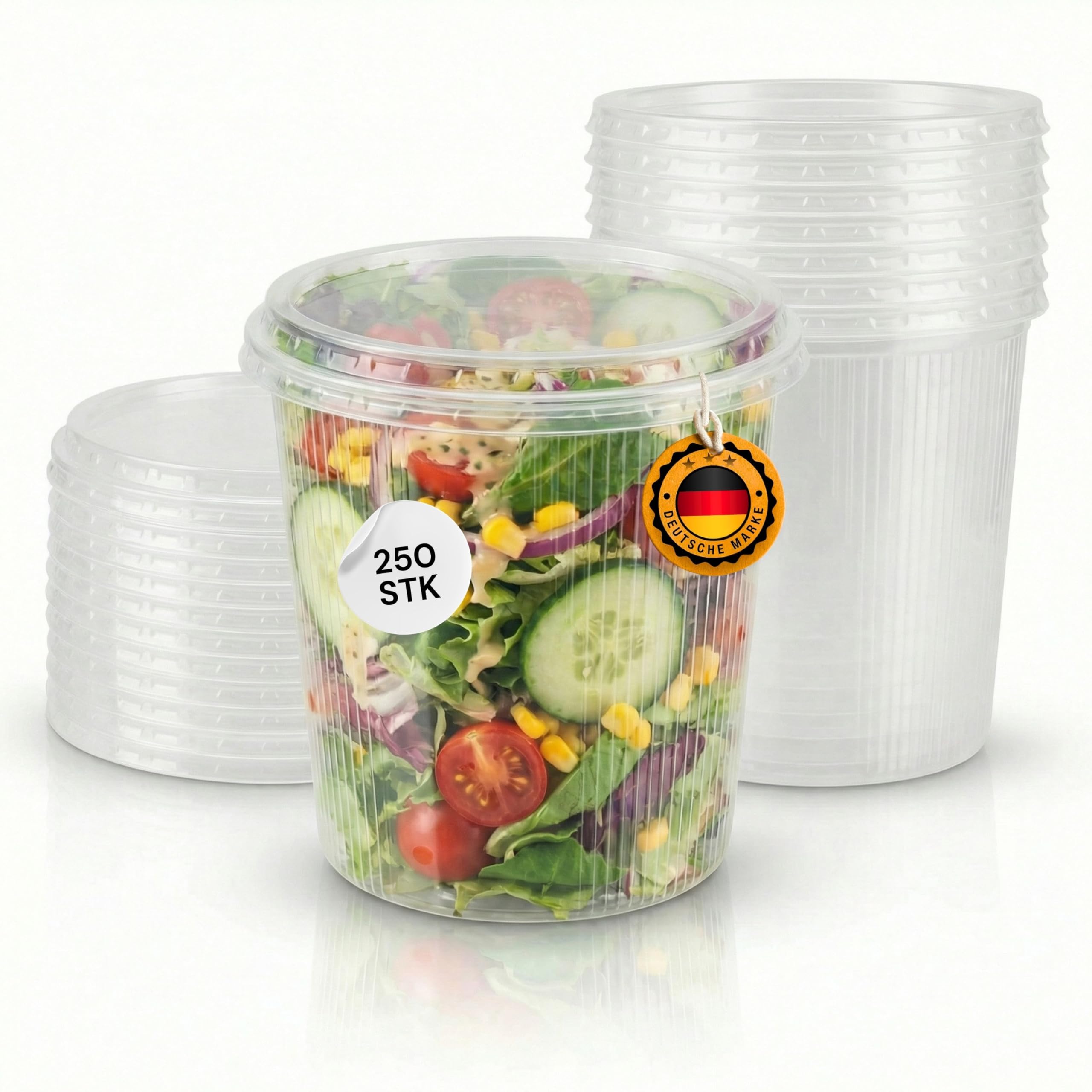 250 Stück Runde Feinkostbecher 500 ml Ø101mm x 104mm - Kunststoff Verpackungsbecher, Snackbecher, Salatschale aus Polypropylen (PP) - lebensmittelecht, stapelbar, To-Go-Becher - Made in Germany
