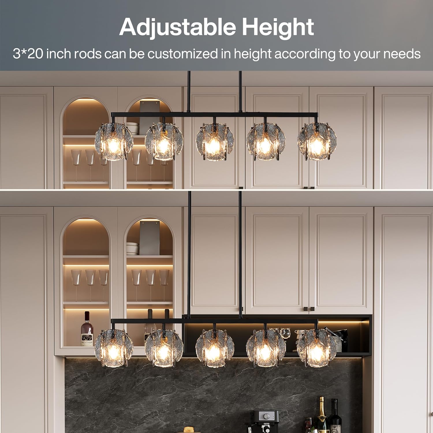 Tribesigns 5-Light Dining Room Light Fixture, Luxury Linear Chandelier for Kitchen Island Lighting with Adjustable Height, Matte Black Chandeliers Pendant Ceiling Light with Smokey Gray Glass Shade