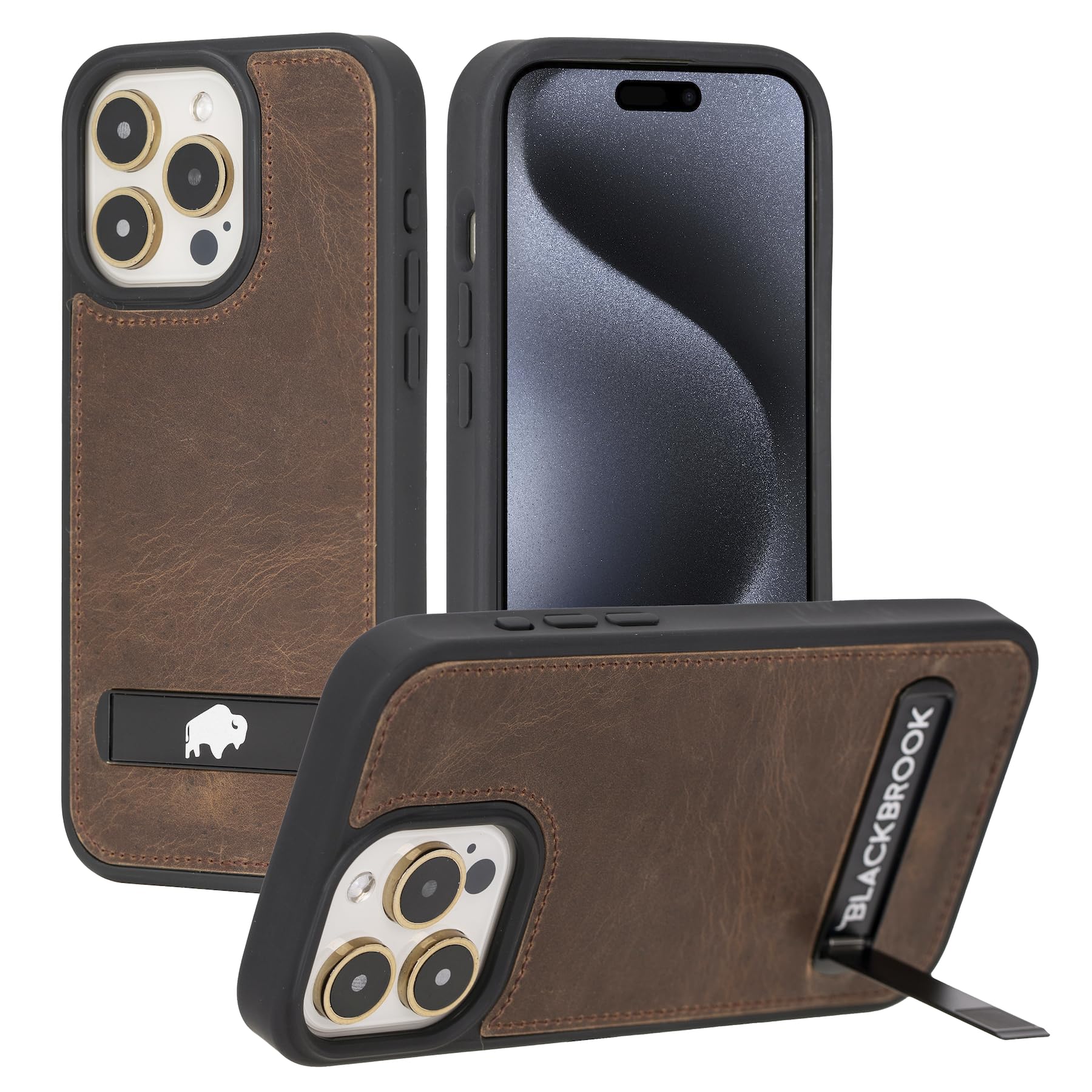 BLACKBROOK Leather Snap On Case with Kickstand for iPhone 15 Pro Max, Protective, Shock Absorption, Dual Carrying Points (Distressed Coffee, iPhone 15