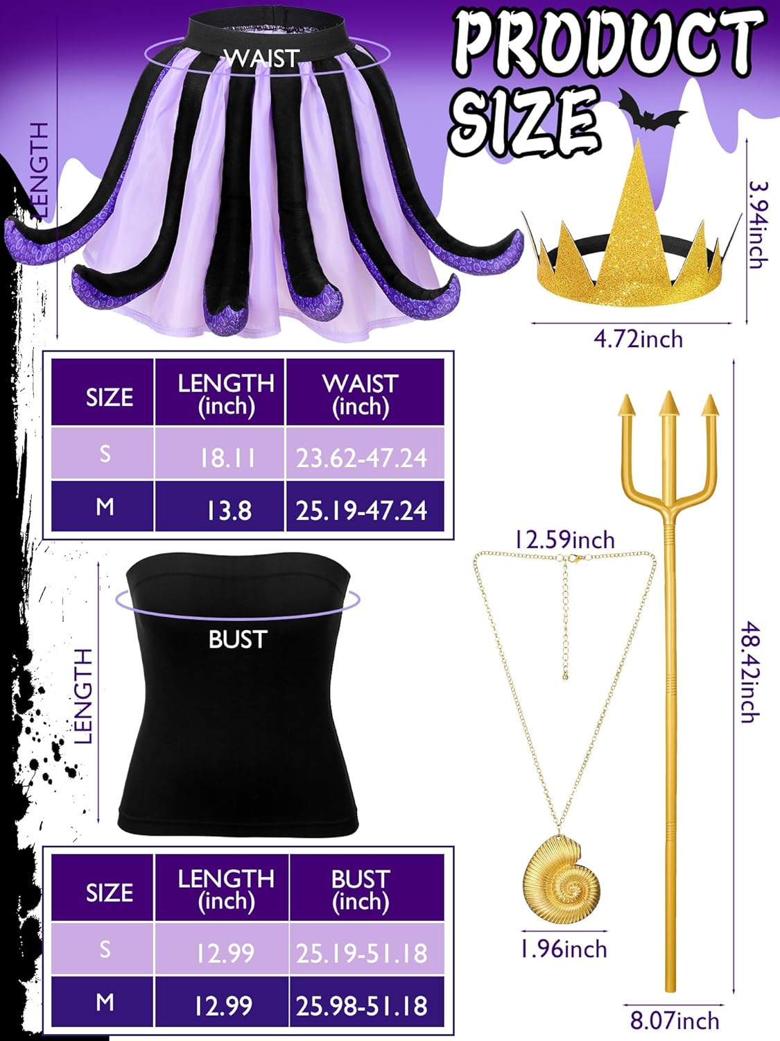 5 Pcs Women Octopus Costume Set Include Black Purple Octopus Dress Crown Conch Necklace Trident Prop Halloween Cosplay - Image 3