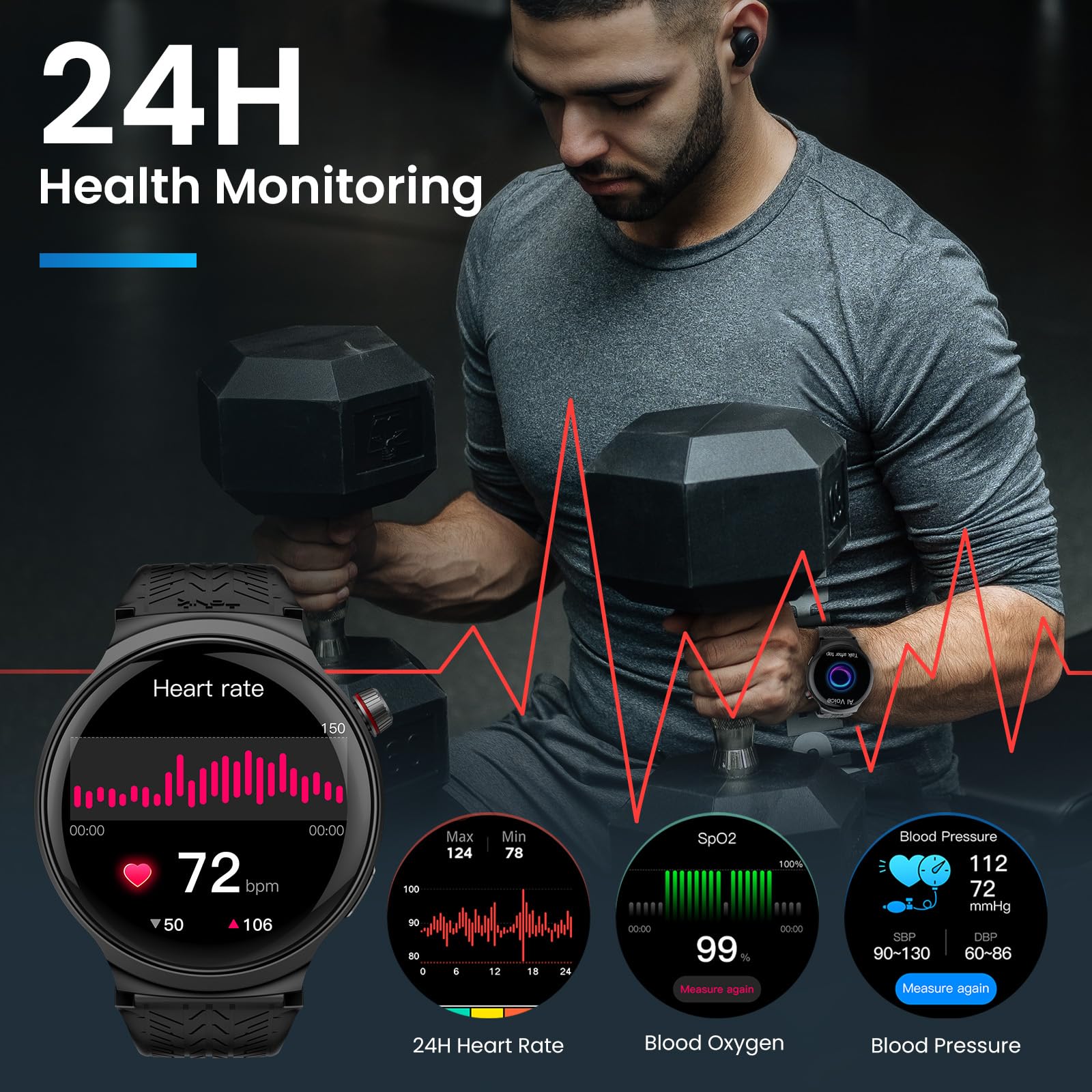 AMAZTIM Smart Watch for Men, 1.85" Ultra-Large Display, 120 Days Extra-Long Battery, Military-Grade Materials, Answer/Dial Calls, 100+ Sports Modes, 24/7 Heart Rate & Sleep Monitor, for Android & iOS