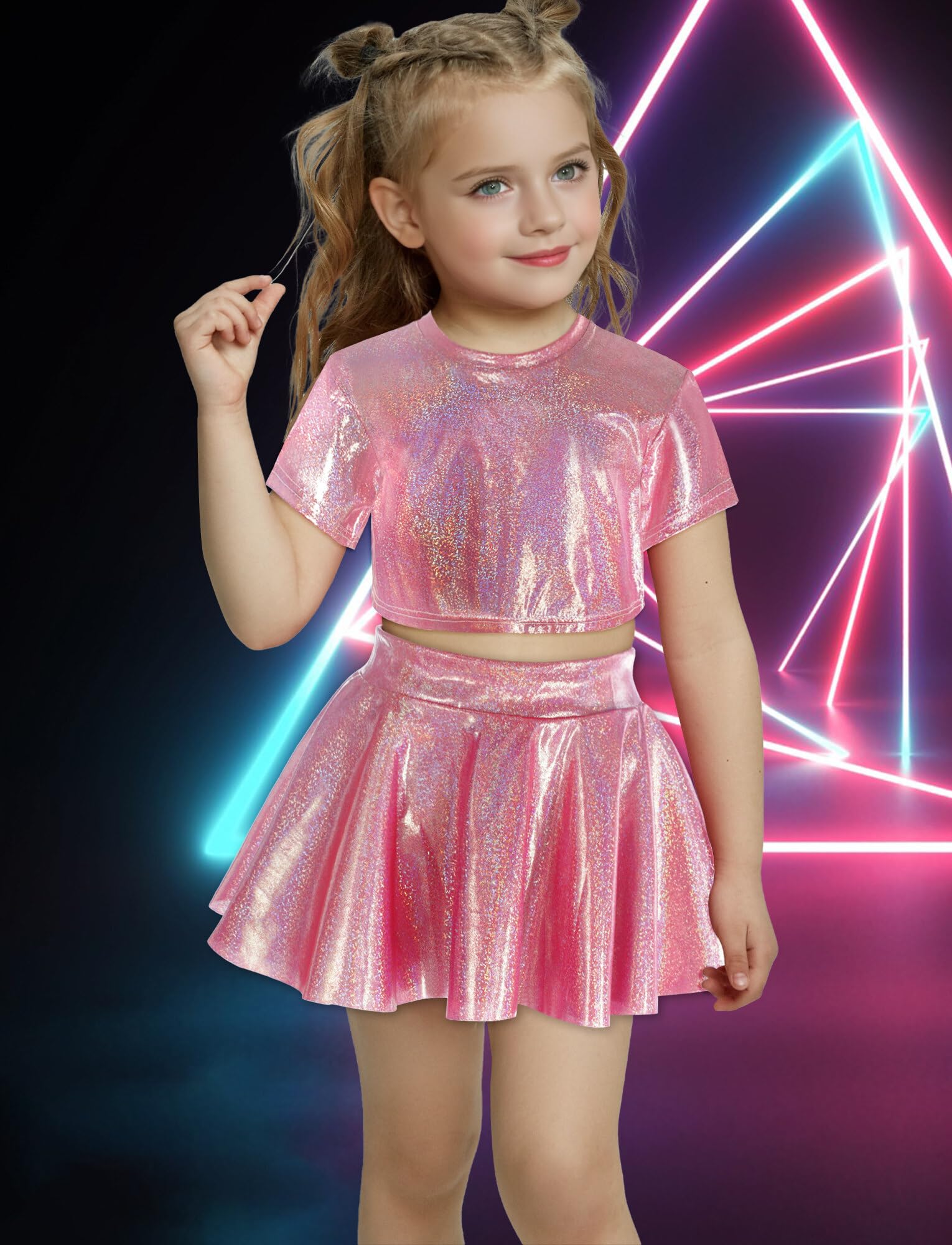 Happy Cherry 2-teiliges Crop-Top für Kinder, Mädchen, glänzend, metallisch, kurzärmelig, mit Faltenrock, Tanzkleidung, Performance-Kostüme