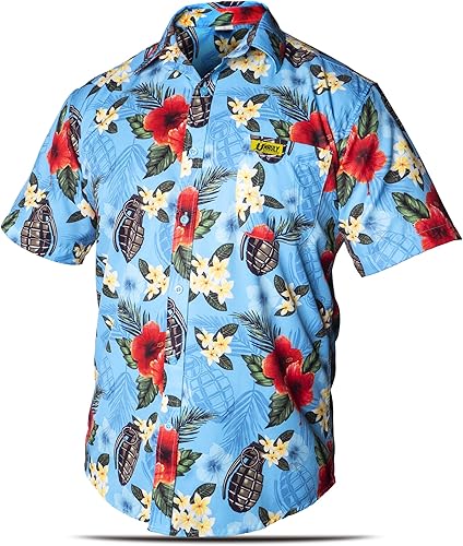 Camisa hawaiana para hombre, diseño de granadas azules con botones, divertidas camisas con armas de flores con pistolas