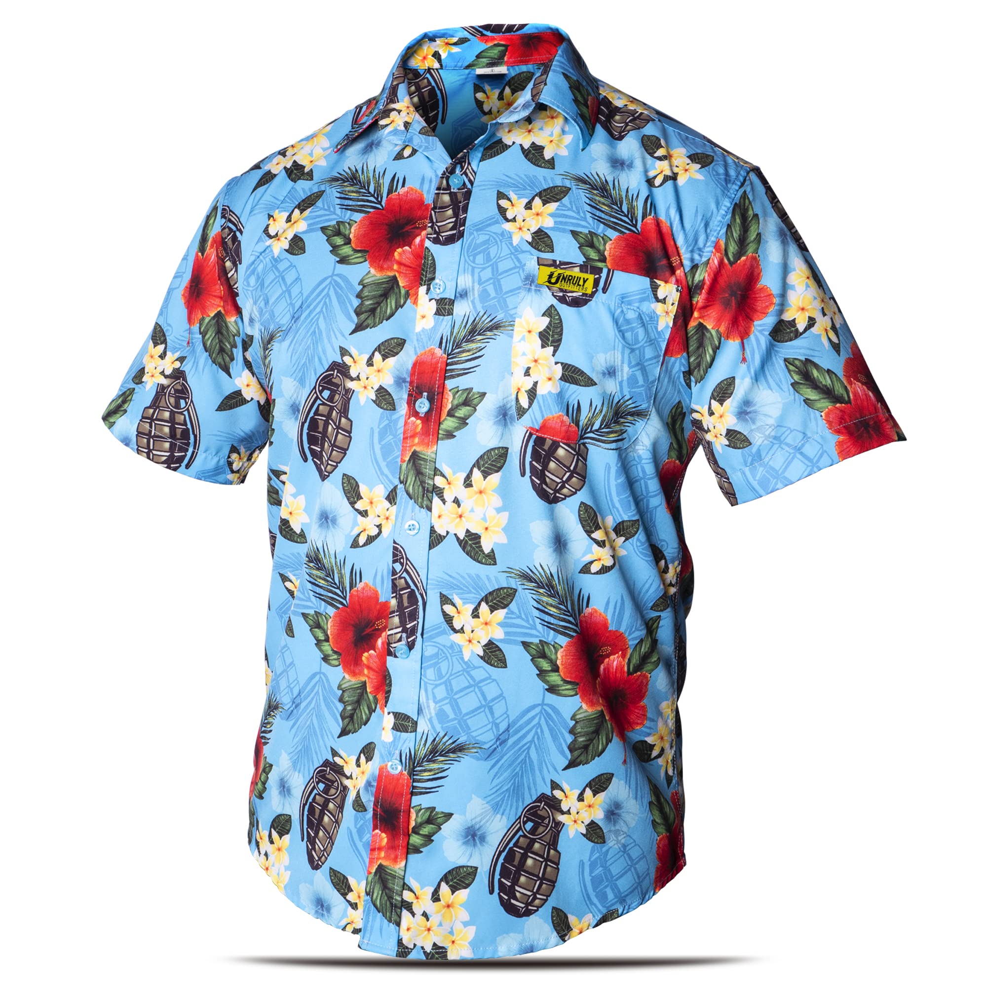 Men's Blue Hawaiian Shirt, Novelty Grenades & Guns Flower Button...