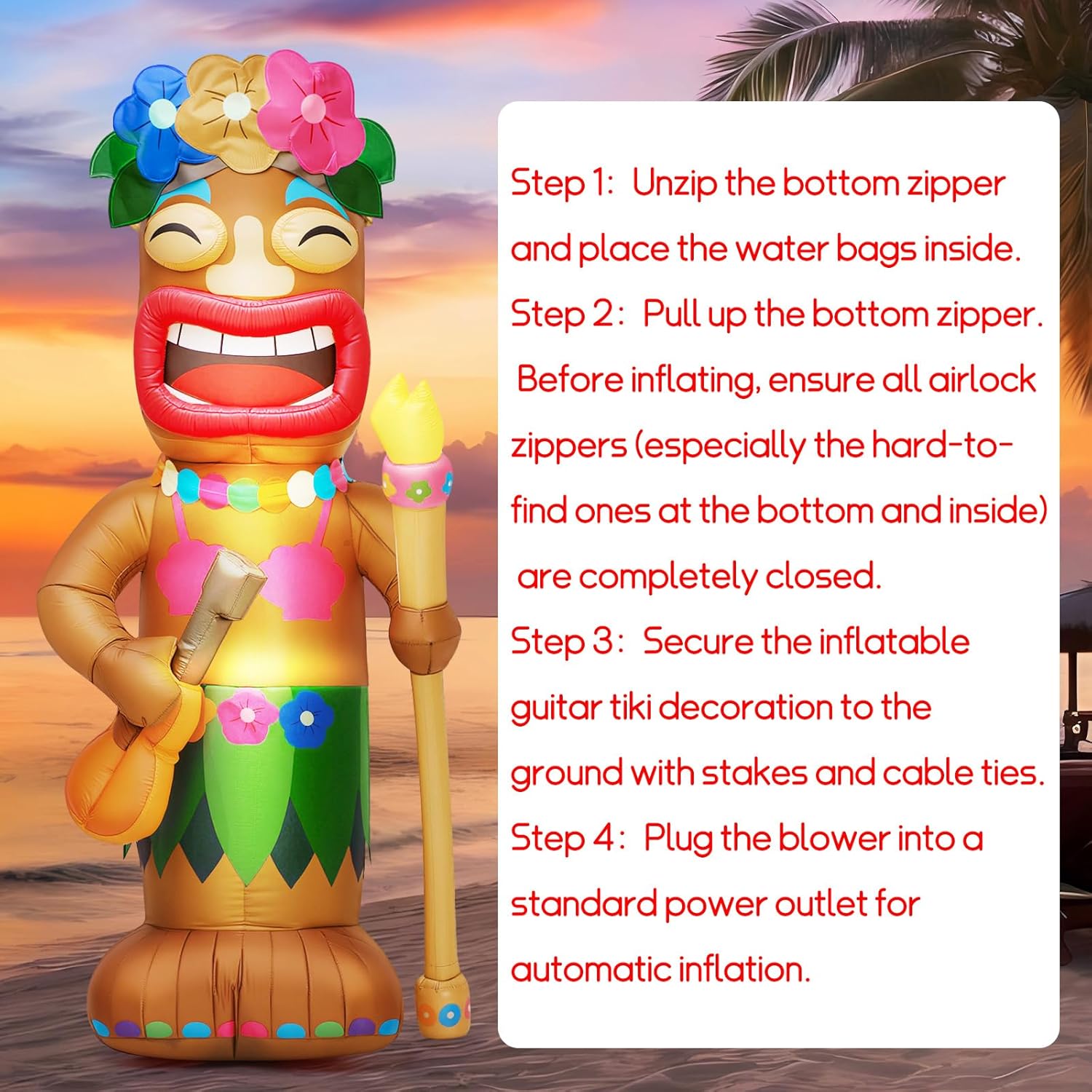 Shappy 5 ft Inflatable Tiki Flamingo Surfboard Luau Hawaiian Party Decorations Summer Inflatables Outdoor LED Lighted Tiki Blow up Beach Tropical Pool Surfing Yard Party Supplies Favors(Guitar)
