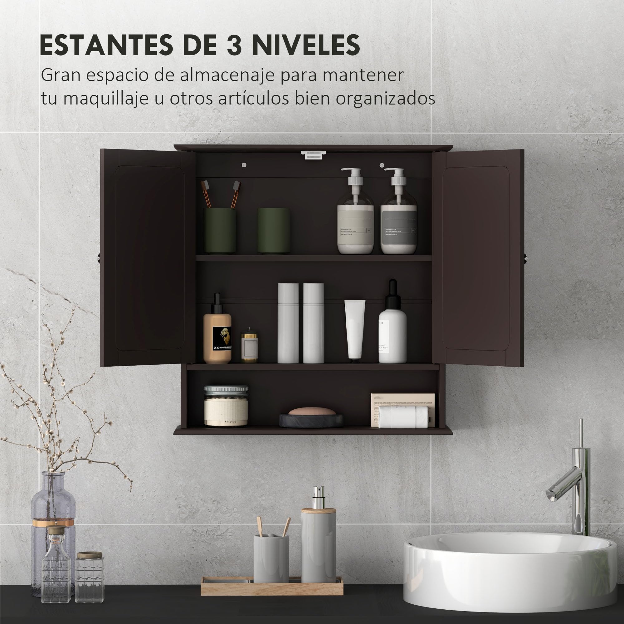 kleankin Armario de Baño con Espejo, Armario de Pared con 2 Puertas, Estante Abierto, Estante Ajustable, Mueble de Baño Colgar para Cocina, Salón, 56x13x58 cm, Marrón Oscuro