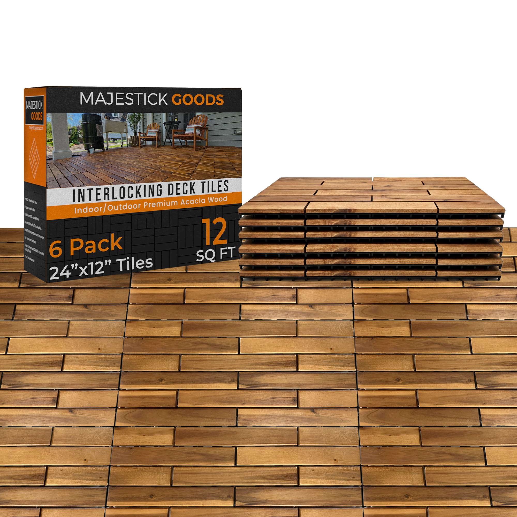 Interlocking Deck Tiles 24 X 12 Long Boards - Snap Together Wood Flooring 6 Pack | Acacia Hardwood Outdoor For Patio Floor Decking Tile, Waterproof Balcony Flooring, Wooden Parquet
