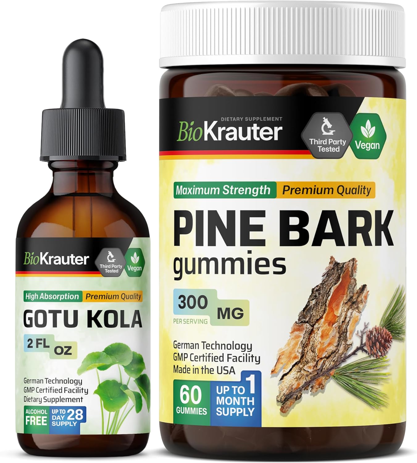 BIO KRAUTER Gotu Kola Tincture 2 Fl. Oz. & Pine Bark 60 Gummies.