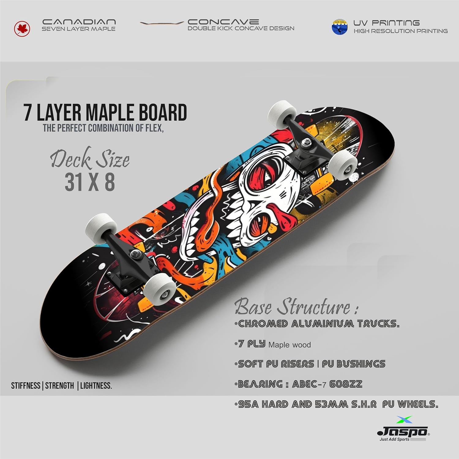 Jaspo Street King Skateboard for Adults & Kids - 7-Layer Canadian Maple Wood Deck, 31" x 8" Inches, Professional Skateboard for Beginners, Pros, Boys & Girls, 120 kg Capacity