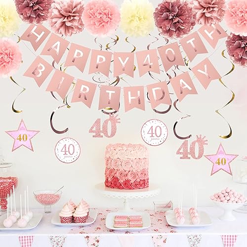Miniatura 2 de Decoraciones de fiesta de cumpleaños número 40 de oro rosa, pancarta de feliz cumpleaños 40 con purpurina, pompones, kit de espirales colgantes