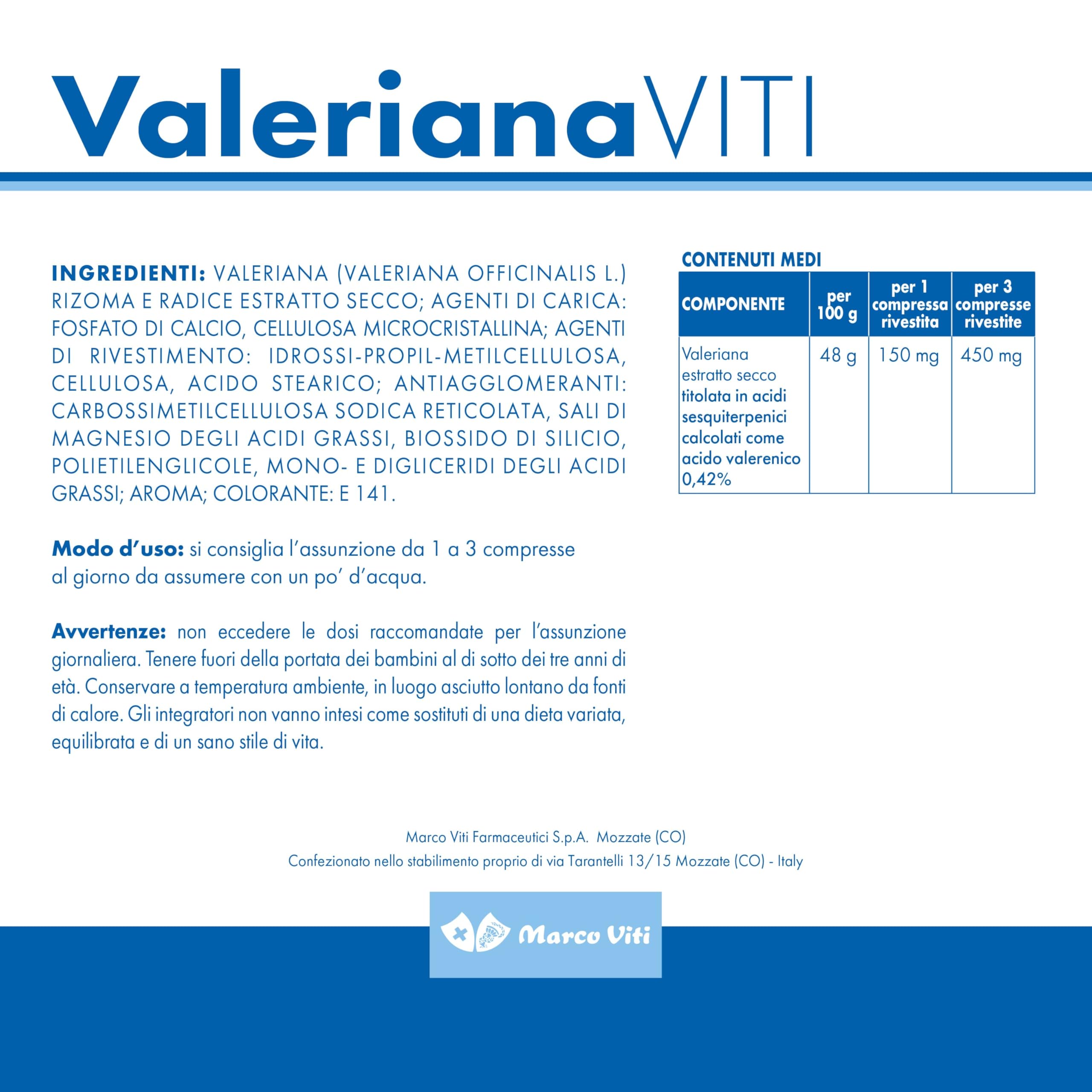Valeriana Viti - Integratore Rilassante a Base di Valeriana, Migliora la Qualità del Sonno Naturale, 30 Compresse, Senza Glutine e Lattosio