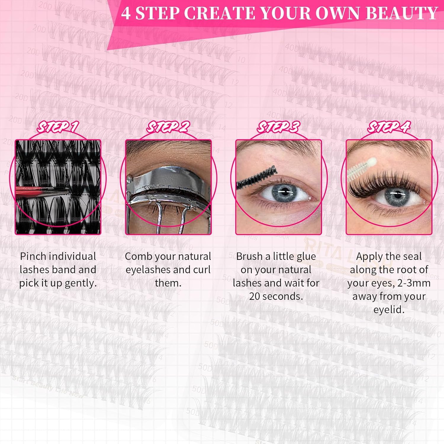 RITALASH 640PCS 4 Style Cluster Lashes Book Individual Lashes Clusters Eyelash Extensions False Eyelashes DIY Wispy Fluffy Lash Extension Kit Natural Look (20D+30D+40D+50D cluster lashes) - Image 4