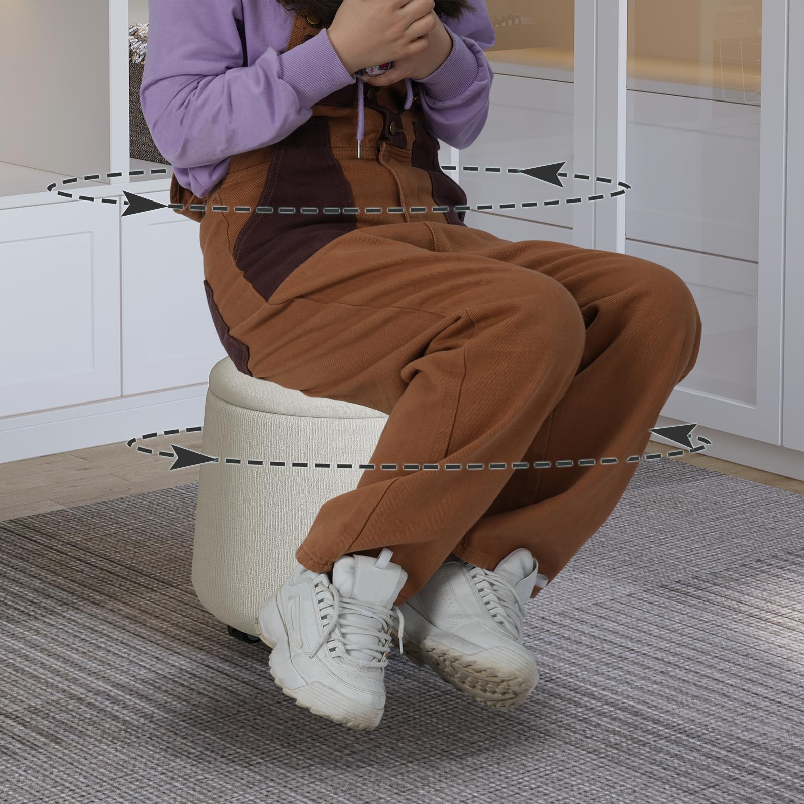 WOLTU Tabouret Rangement à roulettes, Repose Pied Salon, Pouf Rond Chambre, Coffre de Rangement Mobile avec Couvercle Amovible, Siège Rembourré, en Lin, Crème, SH91cm
