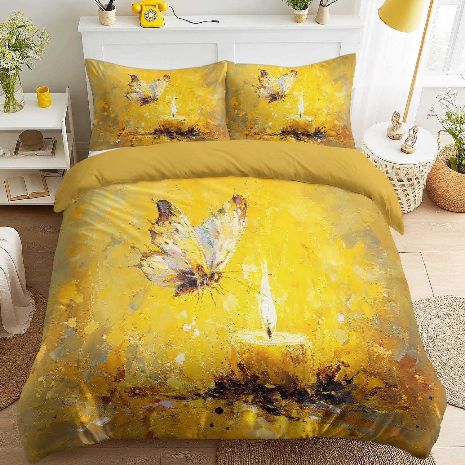 Poszwa na kołdrę 105-155 x 220 cm, stylowa ciepła świeca motyl dla dzieci, żółty, anime, miękka mikrofibra zestaw poszewek na kołdrę, dwustronna, odporna na blaknięcie