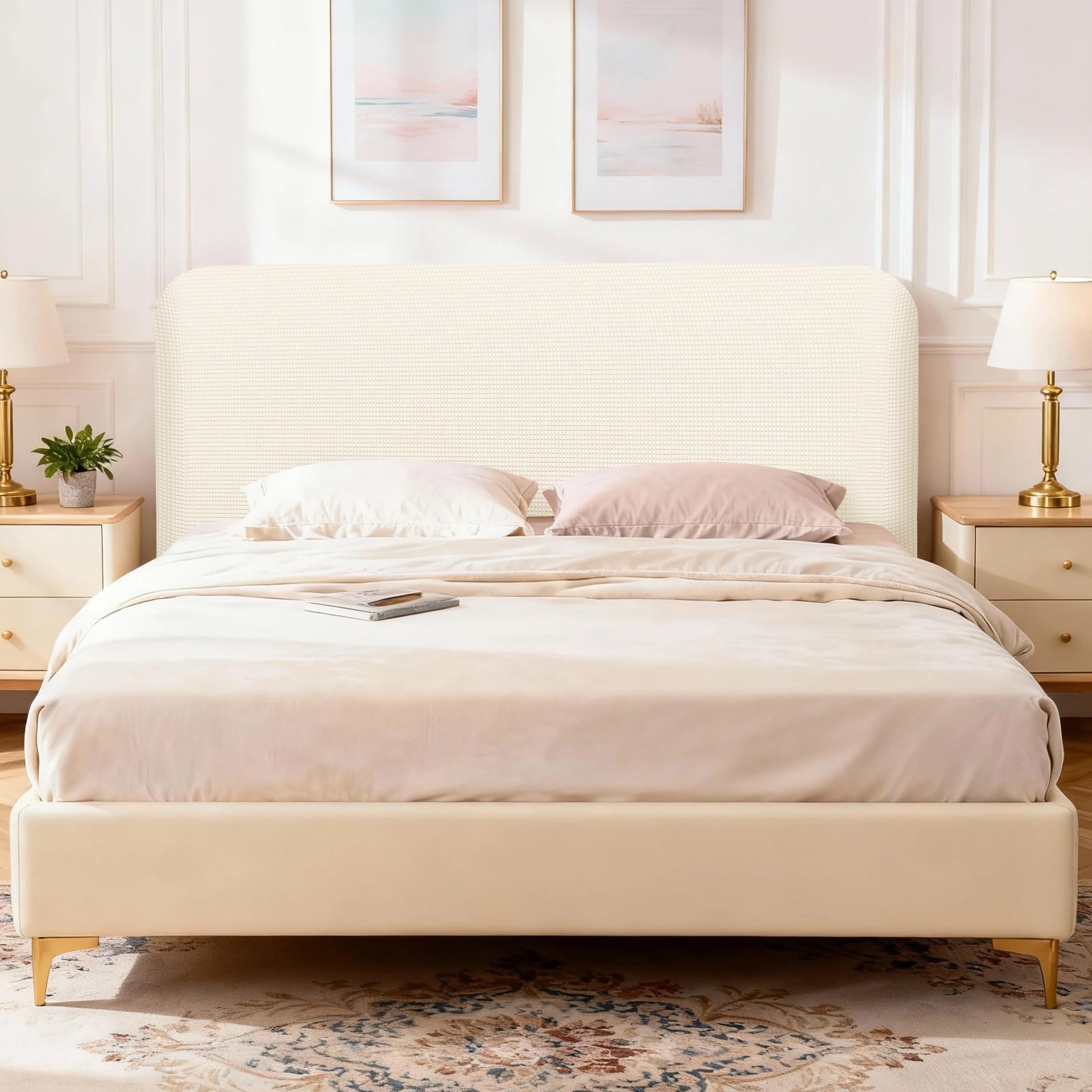 Copri Testiera Letto Elastico Copertura Testiera Letto Forma di Chicco di Mais Rivestimento Antipolvere per Testiere Letto Bianco Sporco 120cm