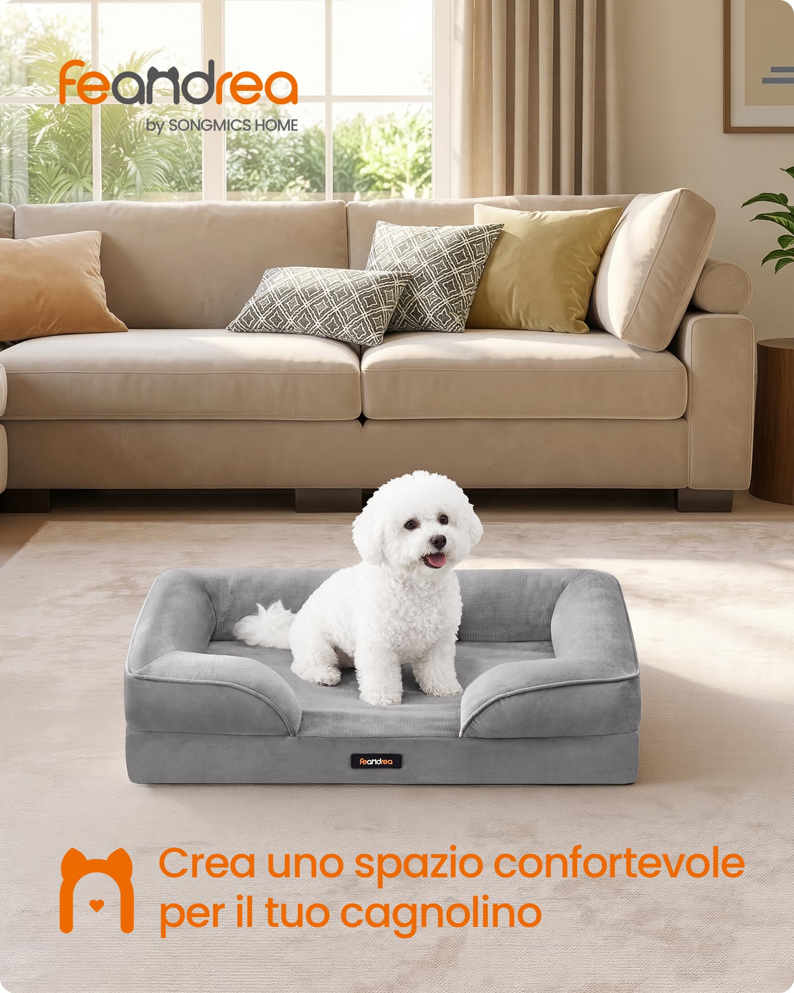 Feandrea Cuccia Ortopedica per Cani, Letto per Cani M, Bordo Rialzato, Gommapiuma Ondulata, Sfoderabile, Lavabile, Antiscivolo, Rivestimento Impermeabile, Grigio Tortora, 76 x 51 x 16 cm PGW321GD01