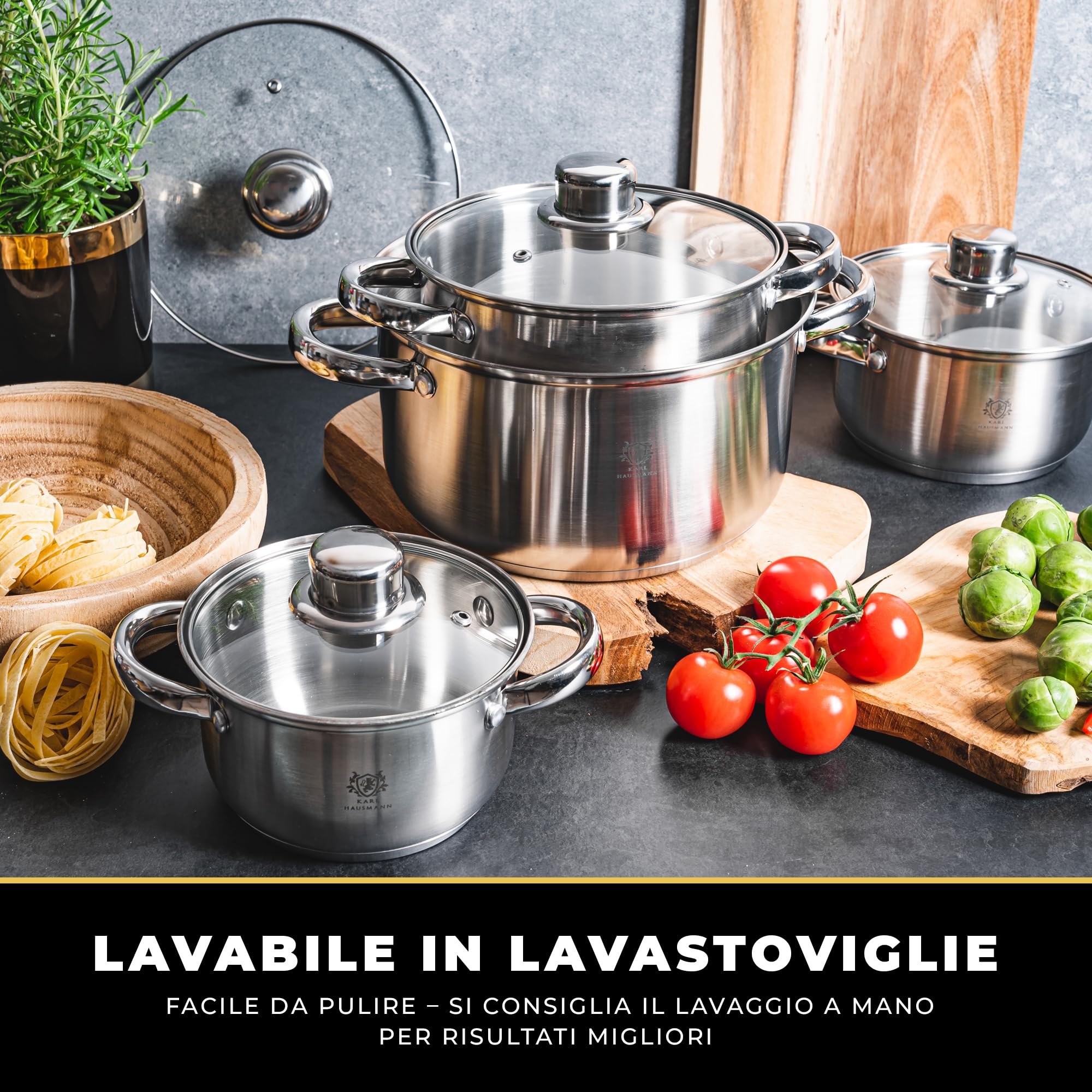 KARL HAUSMANN Set di Pentole Induzione - 4 Pezzi - Batteria di Pentole Acciaio Inox - Scala Interna - Pentola per Induzione, Gas, Elettrica e in Vetroceramica - Riscaldamento e Cottura Uniforme