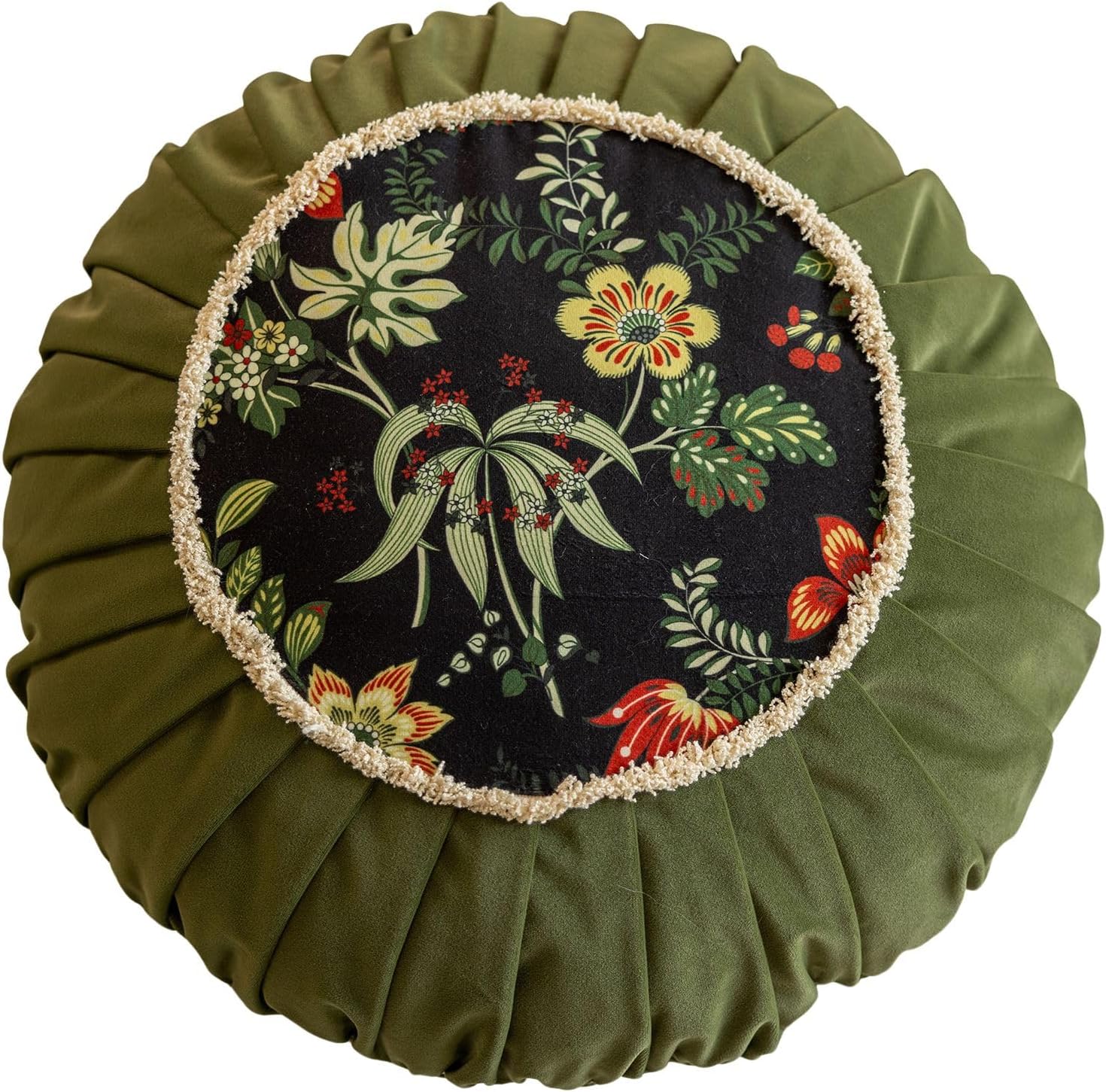 vctops Round Throw Pillow with Zipper Vintage Spring Floral Pillow Cushion Soft Velvet Pleated Throw Pillows for Couch Chair Bed Car (Green,18")