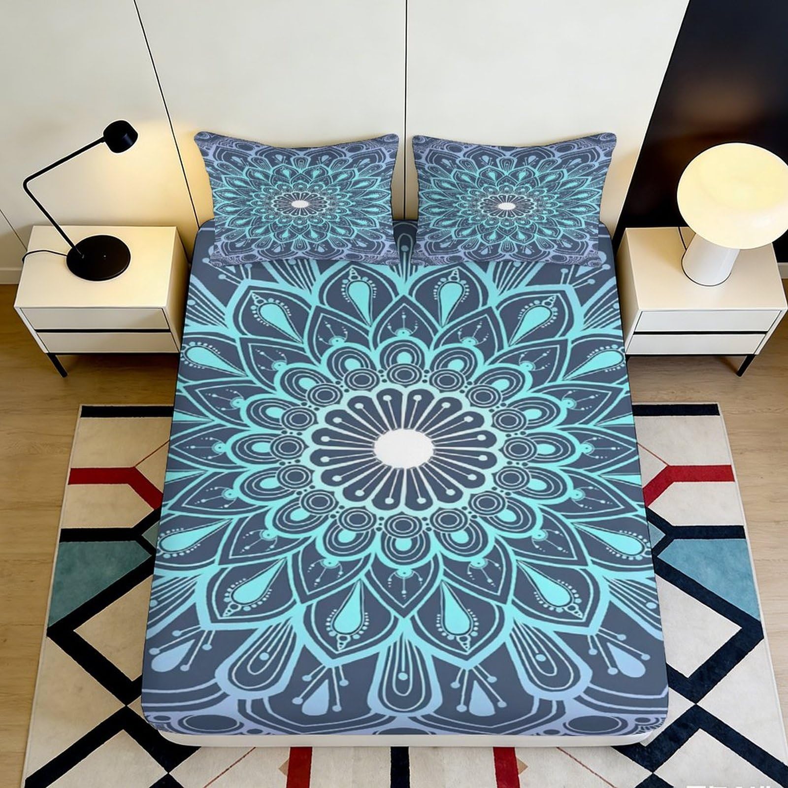 3D Printed Mandala Blue Fitted Sheet Microfiber Soft Waterproof Lotus Pattern Mattress Cover for Bedroom Guest Room Easy Care 90x200x25cm