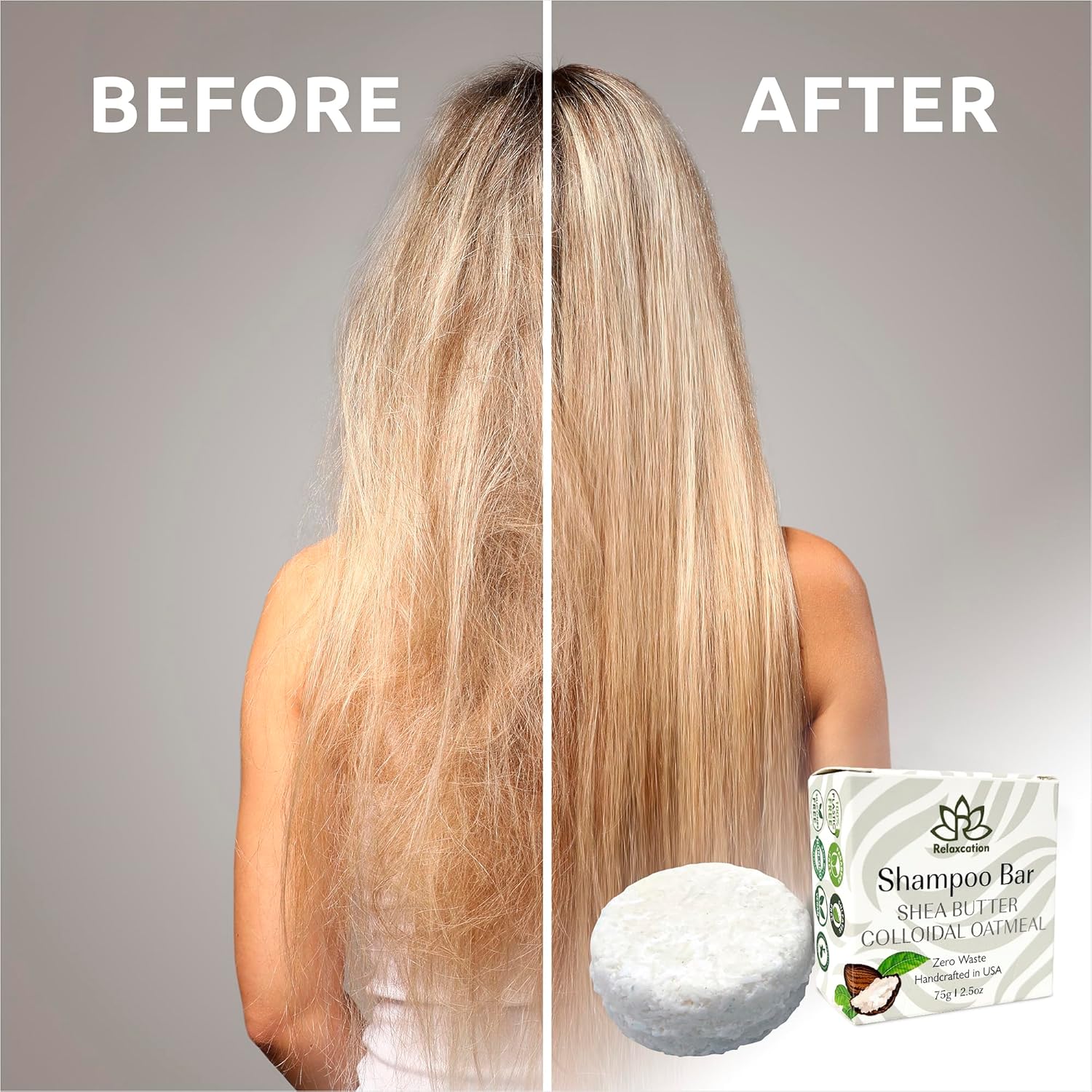 Relaxcation Organic Unscented SOLID Shampoo Bar for Damaged Hair with Shea Butter, Colloidal Oatmeal, Coconut Oil, Cocoa Butter, Jojoba, and Argan Oil for Normal and Sensitive Skin - Handmade in USA - Image 4