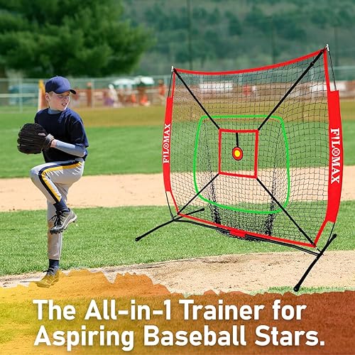 Miniatura 8 de Red de práctica de béisbol y sóftbol de 5 x 5 pies con zona de ataque roja y objetivo  Red de entrenamiento de béisbol y softbol juvenil para golpe,