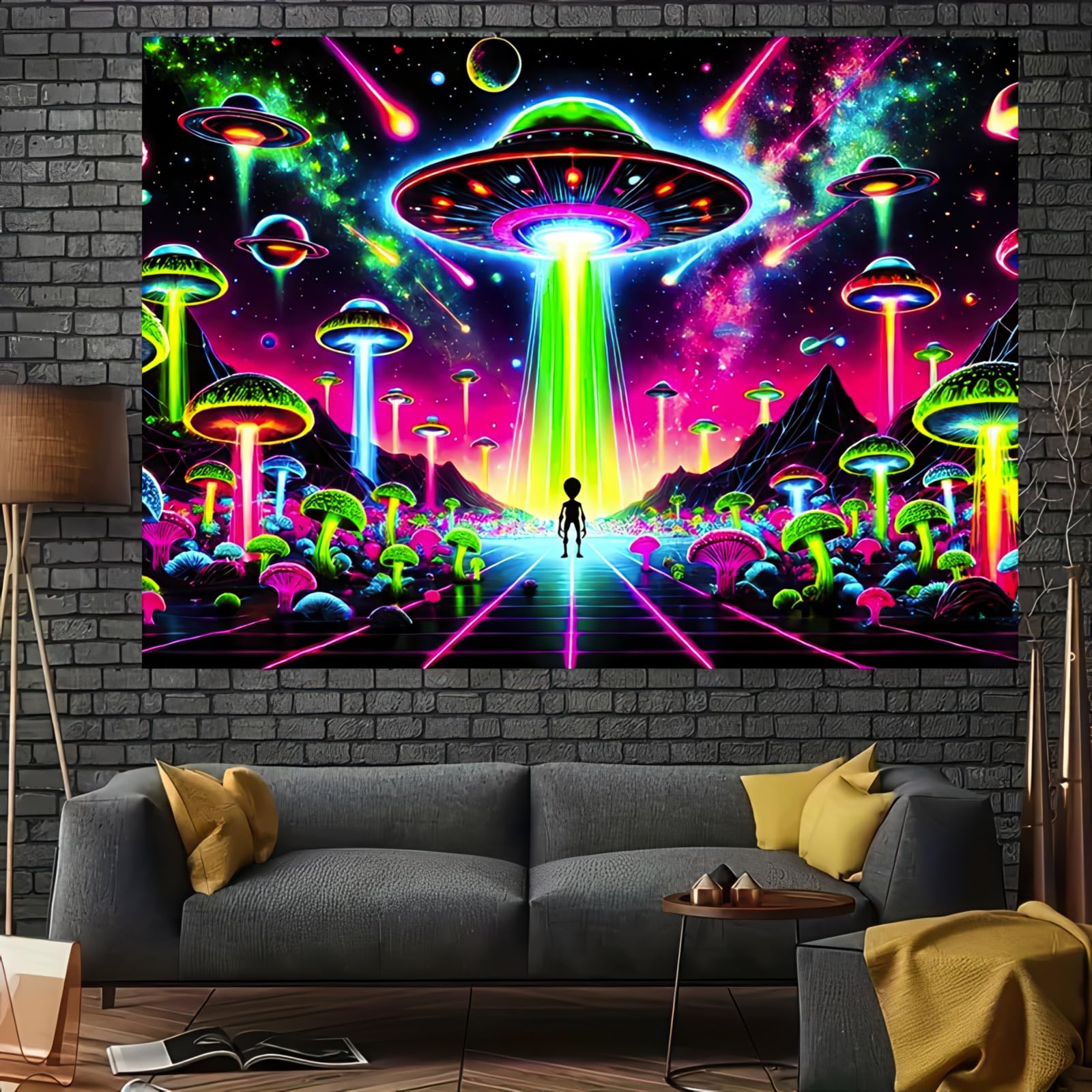 Blissyard Blacklight Ufo Space Glowing Tapestry Trippy Mushroom Ufo Space Tapestries 78X59 Inch Cool Alien Tapestry Uv Reactive Psychedelic Neon Galaxy Space Tapestry Wall Hanging Posters Bedroom Living Room Dorm Decor