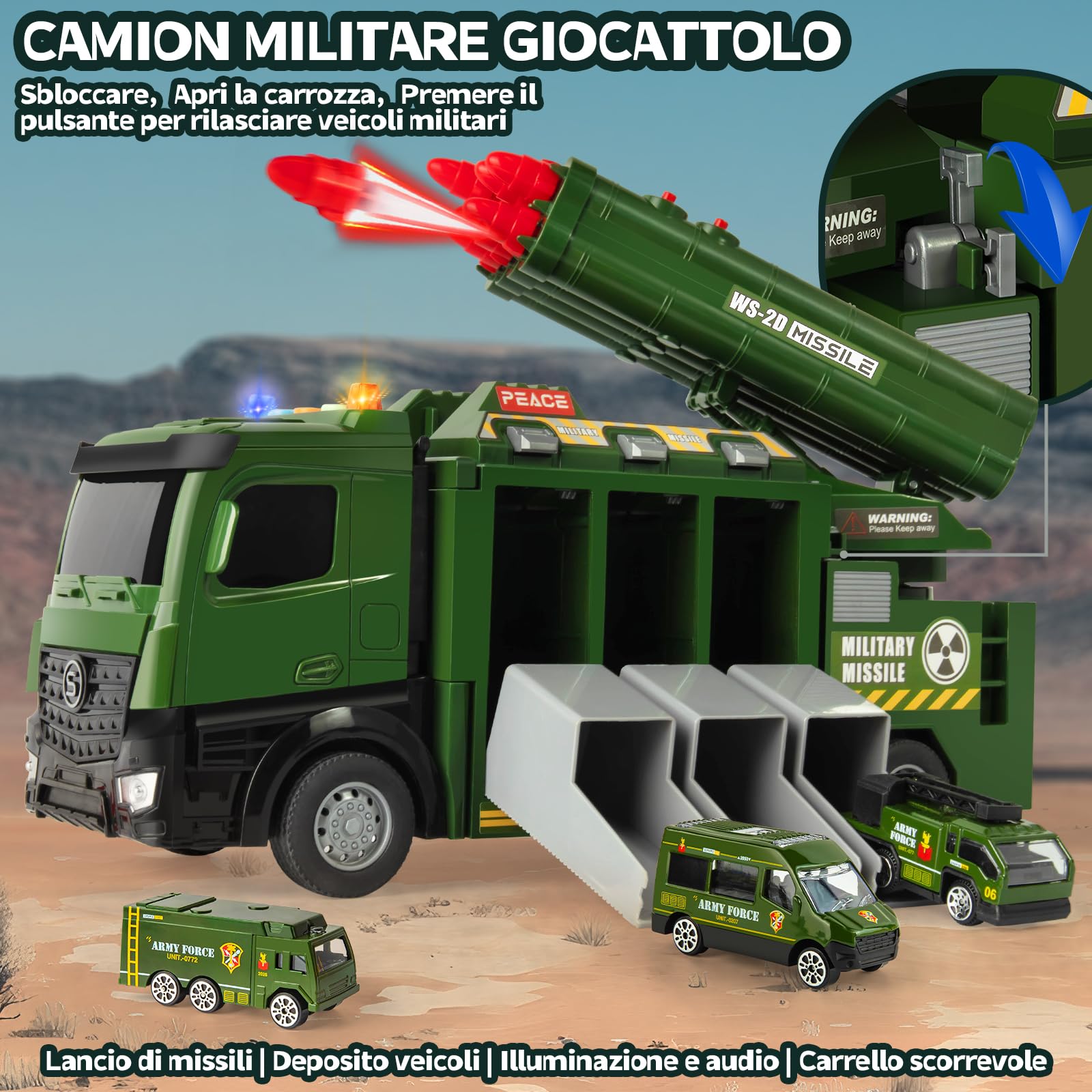 Camion Militare Giocattolo，Giocattoli Militari per Ragazzi con 8 Missile,Luci e Suoni,Set di Giocattoli Militari con 6 Veicoli,Giocattoli Militare adatti a Bambini di età Superiore ai 3 Anni
