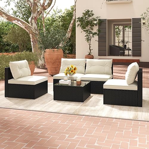 Miniatura 9 de Tangkula Patiojoy - Juego de sofá de ratán de 5 piezas, juego de muebles de mimbre para exteriores con cojines de asiento y respaldo, mesa auxiliar