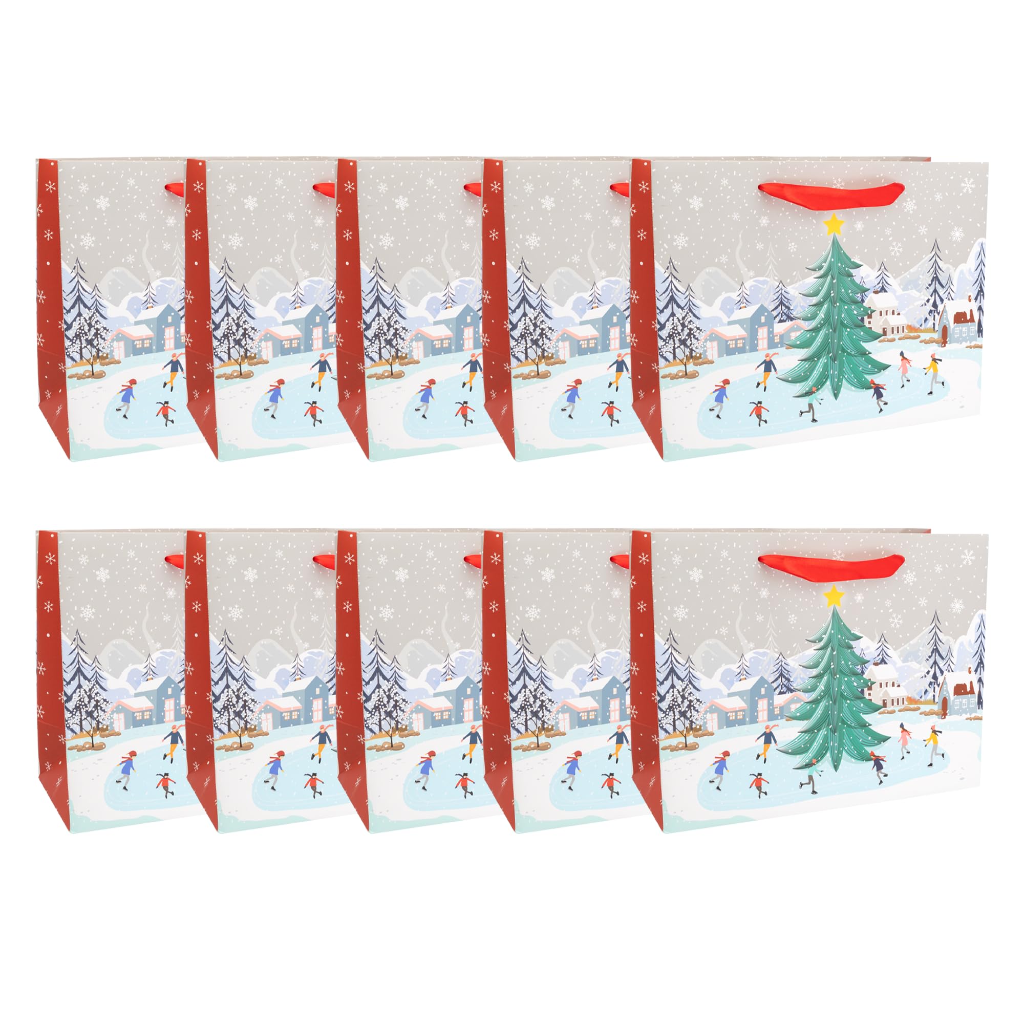 Idena Gift Bags, Pack of 10, Size 26 x 20 x 11 cm, Winter in Red and White with Snow and Christmas Tree, multicoloured