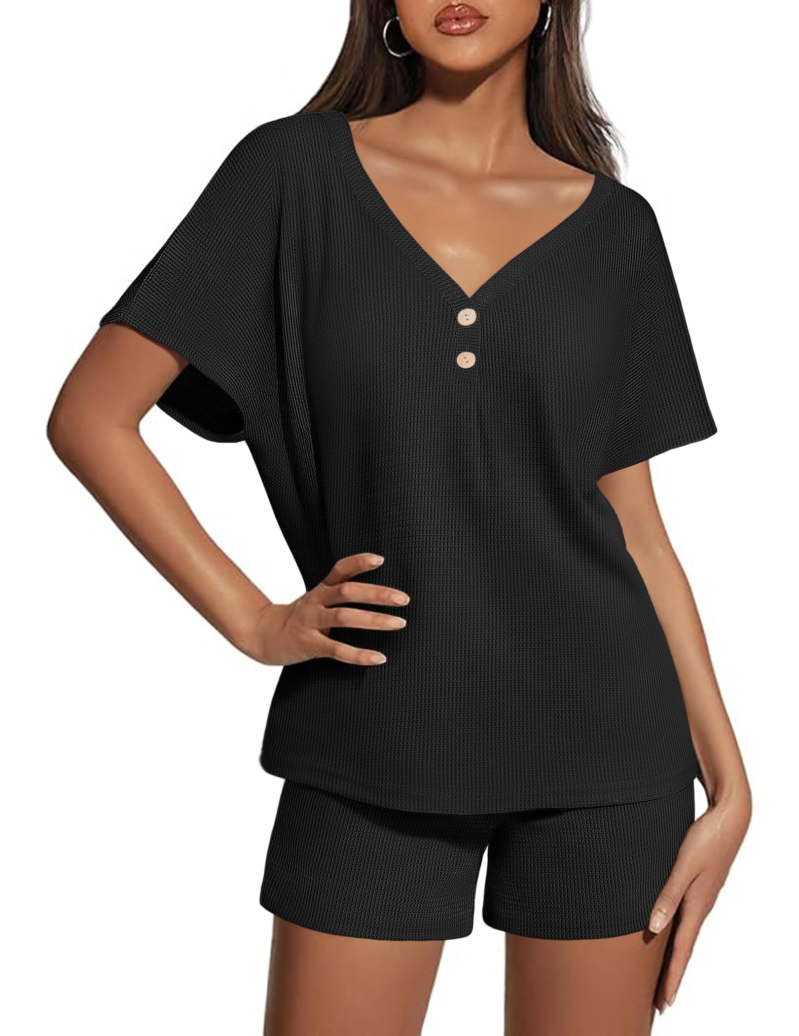 Ekouaer Womens 2 Piece Short Sets Waffle Knit Lounge Set Women's Pajama Set Summer Outfits V Neck and Shorts with Pockets
