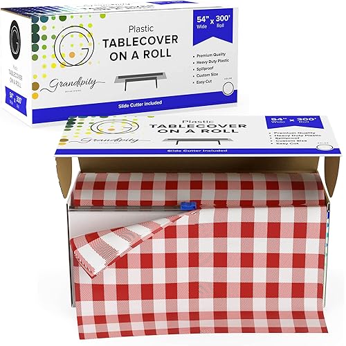 Grandipity Plastic Tablecloth Roll - 54" x300' Red Gingham Checkered Plastic Table Cloths for Parties | Disposable with Cutter Box - Cut to Size Disposable Plastic Tablecloth for Rectangle & Round