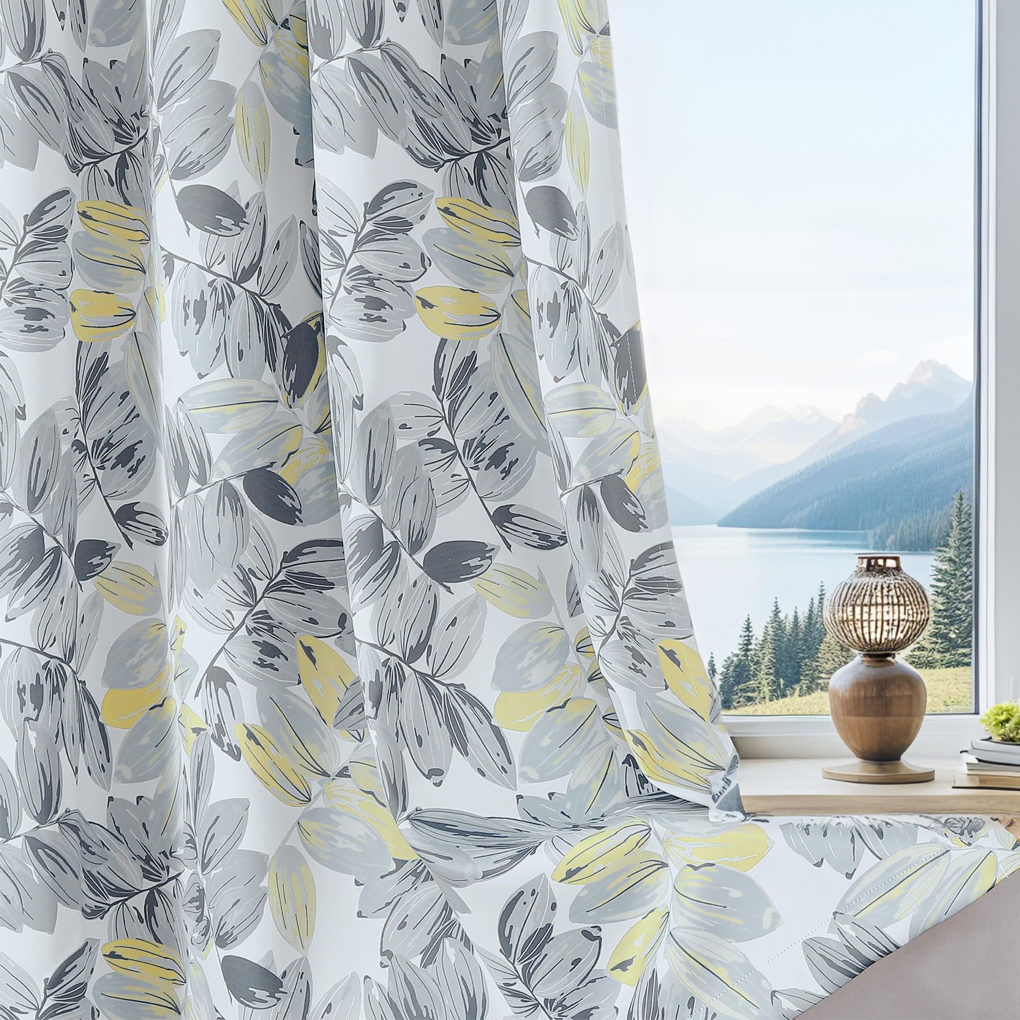 BROSHAN Leaf Patterned Blackout Curtains Yellow and Grey-Farmhouse Bedroom Curtains 84 inch Length 2 Panels Set Neutral Room Darkening Thermal