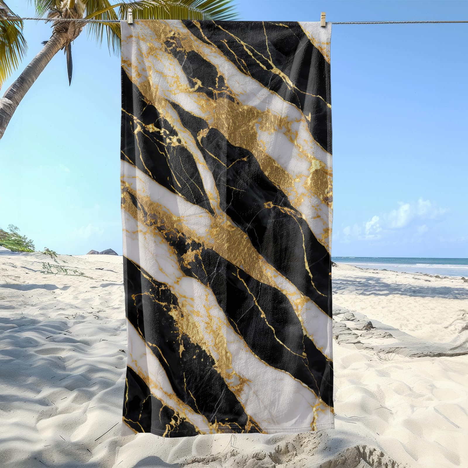 Serviette de Plage Marbre Or Noir Drap de Plage Anti Sable Portable Serviette de Bain XXL Piscine Toilette Sport Microfibre Ultraléger Towel Absorbant Séchage Rapide 200x200cm