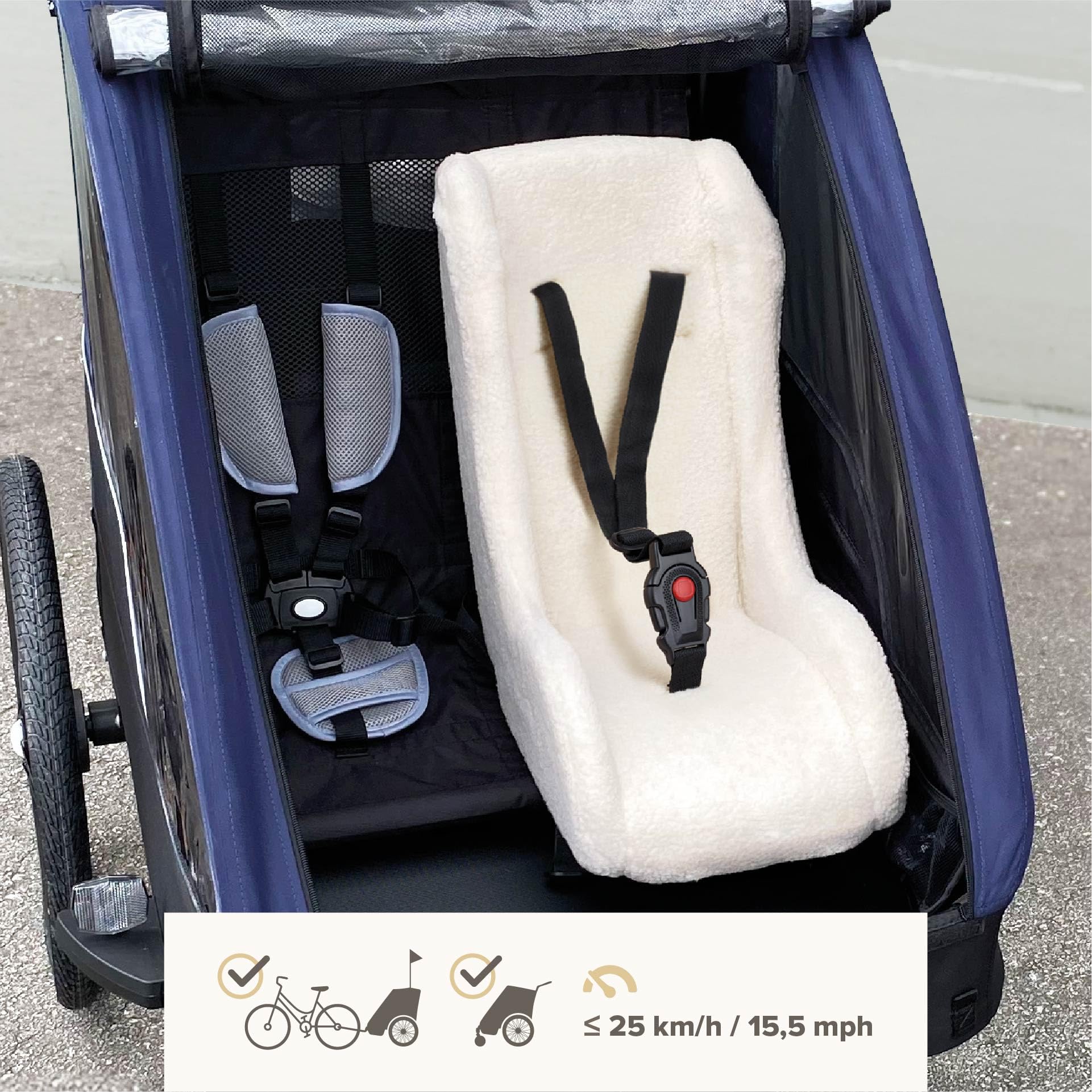 POLISPORT 8015000022 – Mini Pelican Fleece Riduttore Seduta Bebè con Cintura a 3 Punti per Rimorchio, Passeggino e Bici Cargo – Caldo, Sicuro e Compatibile per Bambini da 7 a 18 Mesi, Bianco