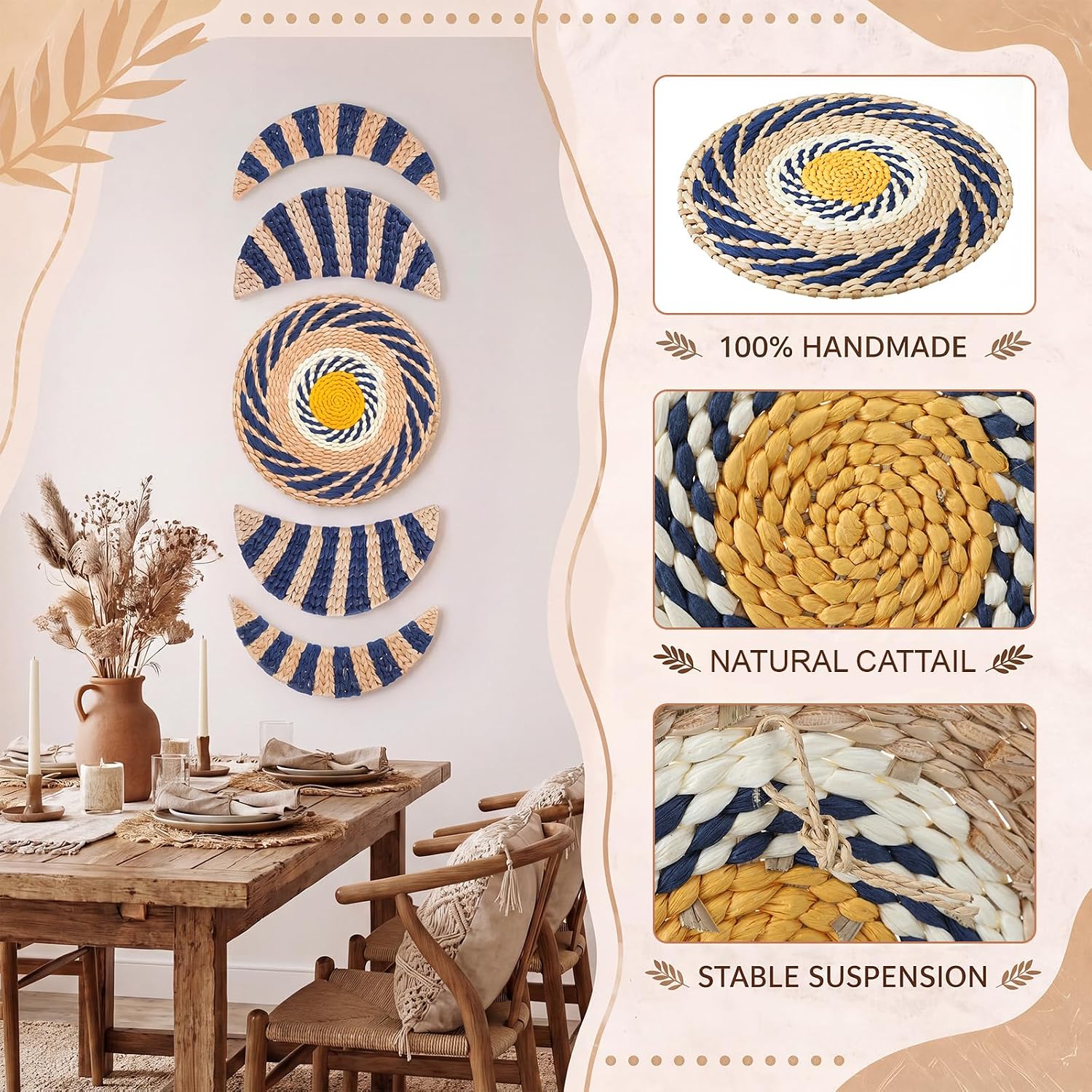 Geetery 5 Pcs Boho Wall Basket Decor, Bulrush Woven Wall Hanging Art