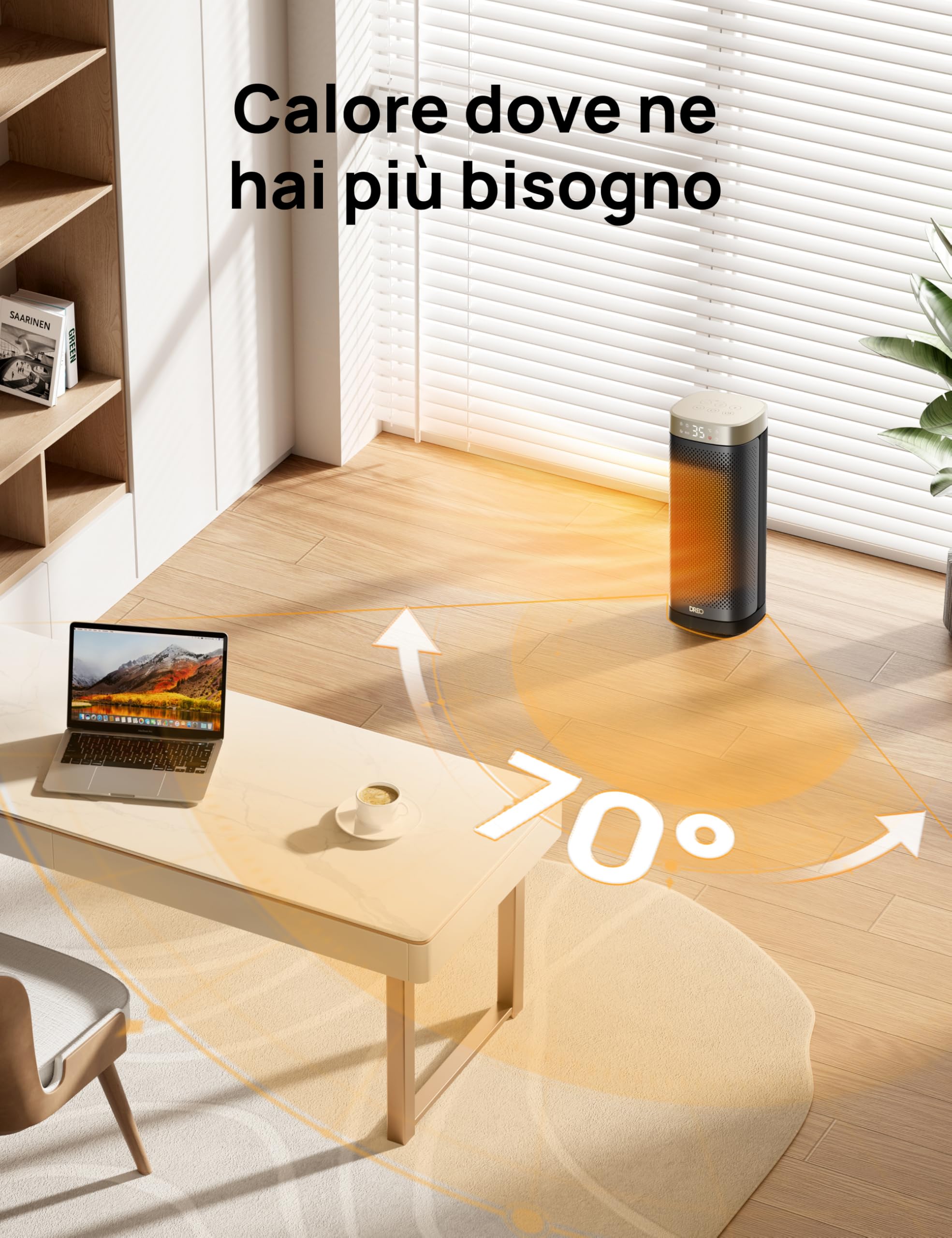 DREO Termoventilatore in ceramica da 2000 W, silenzioso e a risparmio energetico con termostato, timer 12 ore, 3 modalità, oscillazione 70°, riscaldatore elettrico da 16 pollici per ambienti
