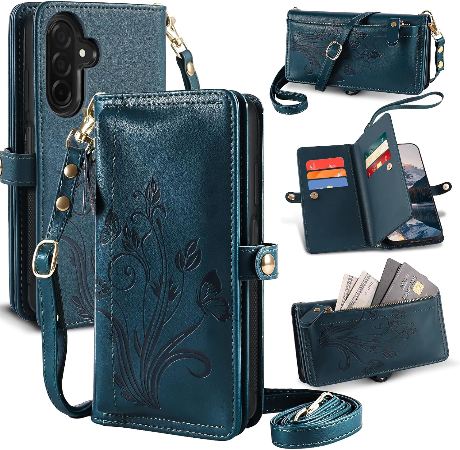 Lacass for Samsung Galaxy A17/A26 Case Wallet,[Cards Theft Scan Protection] Card Holder Zipper Leather Flip Cover Crossbody Wrist Strap with Stand (Floral Dark Purple)