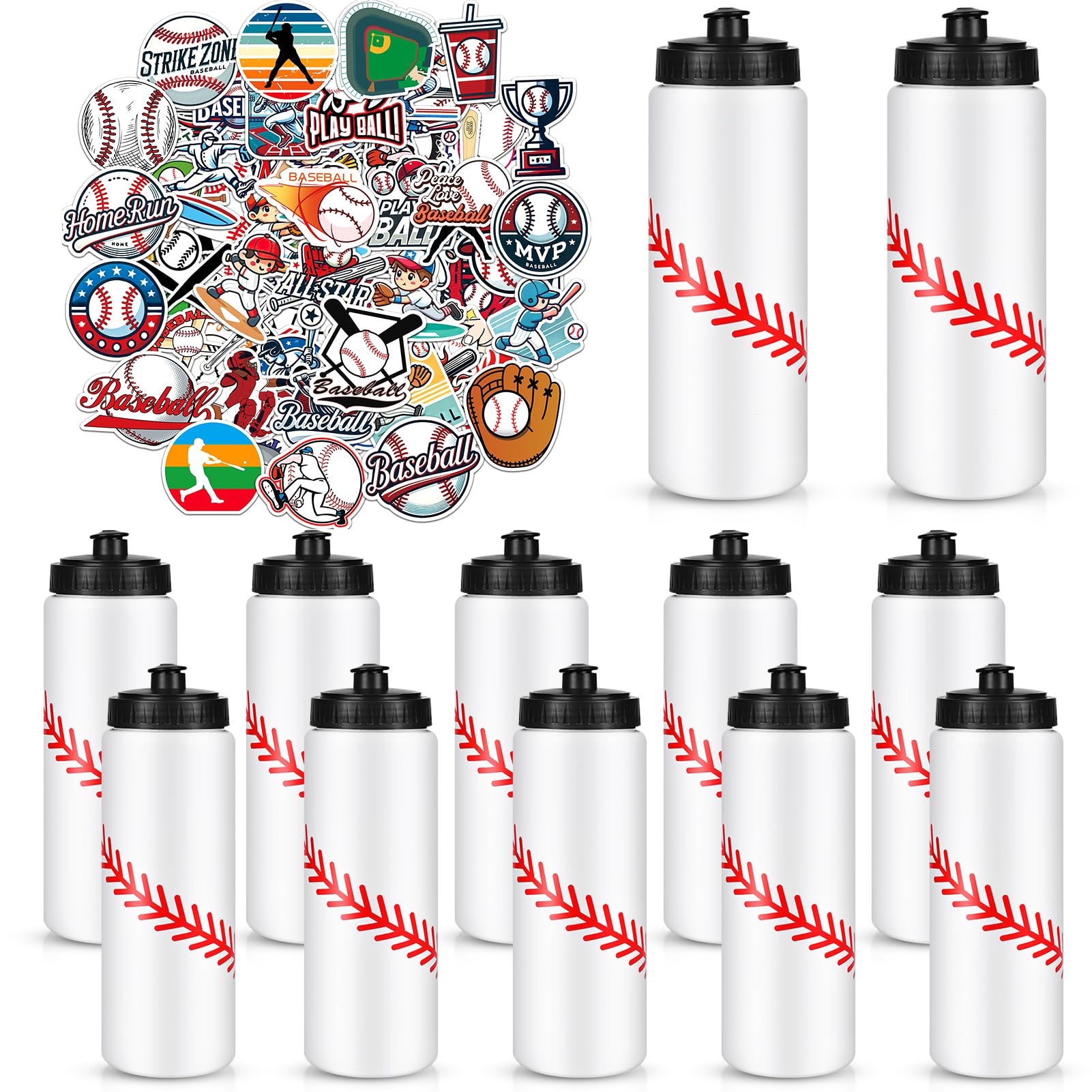 Baseball Party Favors 12 Pack Baseball Water Bottles with 300 PCS Stickers 20 oz Sports Squeeze Bottle BPA-Free