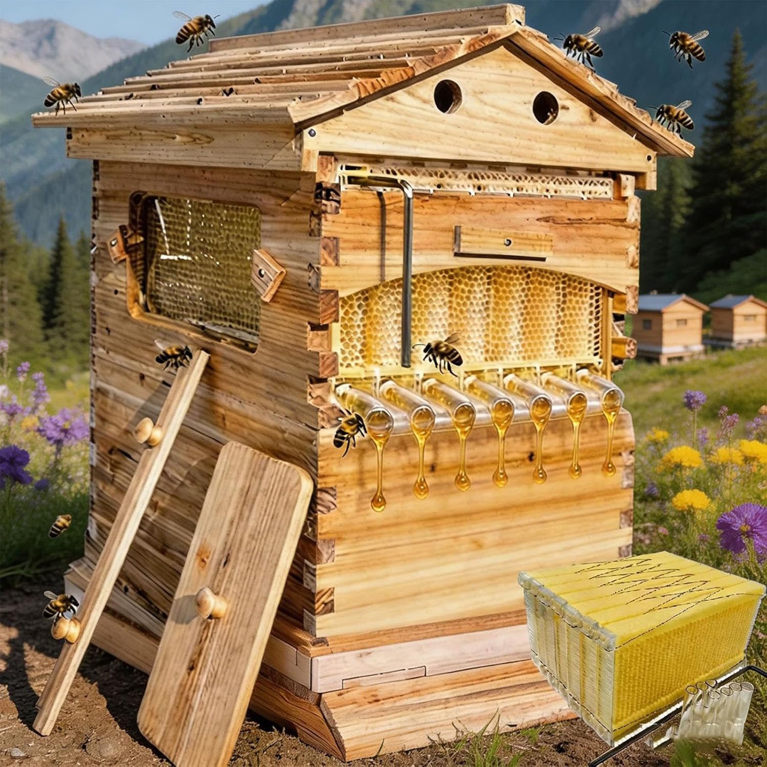 Kit de Inicio de Colmena de Abejas Caja de Abeja Completa con Ventana observación y Boquilla Miel Carpintero para polinizadores jardín para Principiantes,0.1,51×41×26cm