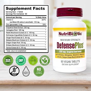 NutriBiotic DefensePlus, 90 Tablets - 11 in 1 Immune Support with Vitamin C, Zinc, Grapefruit Seed Extract, Echinacea, Astragalus Root & Immune Boosting Extracts & Mushrooms - Vegan & Gluten Free