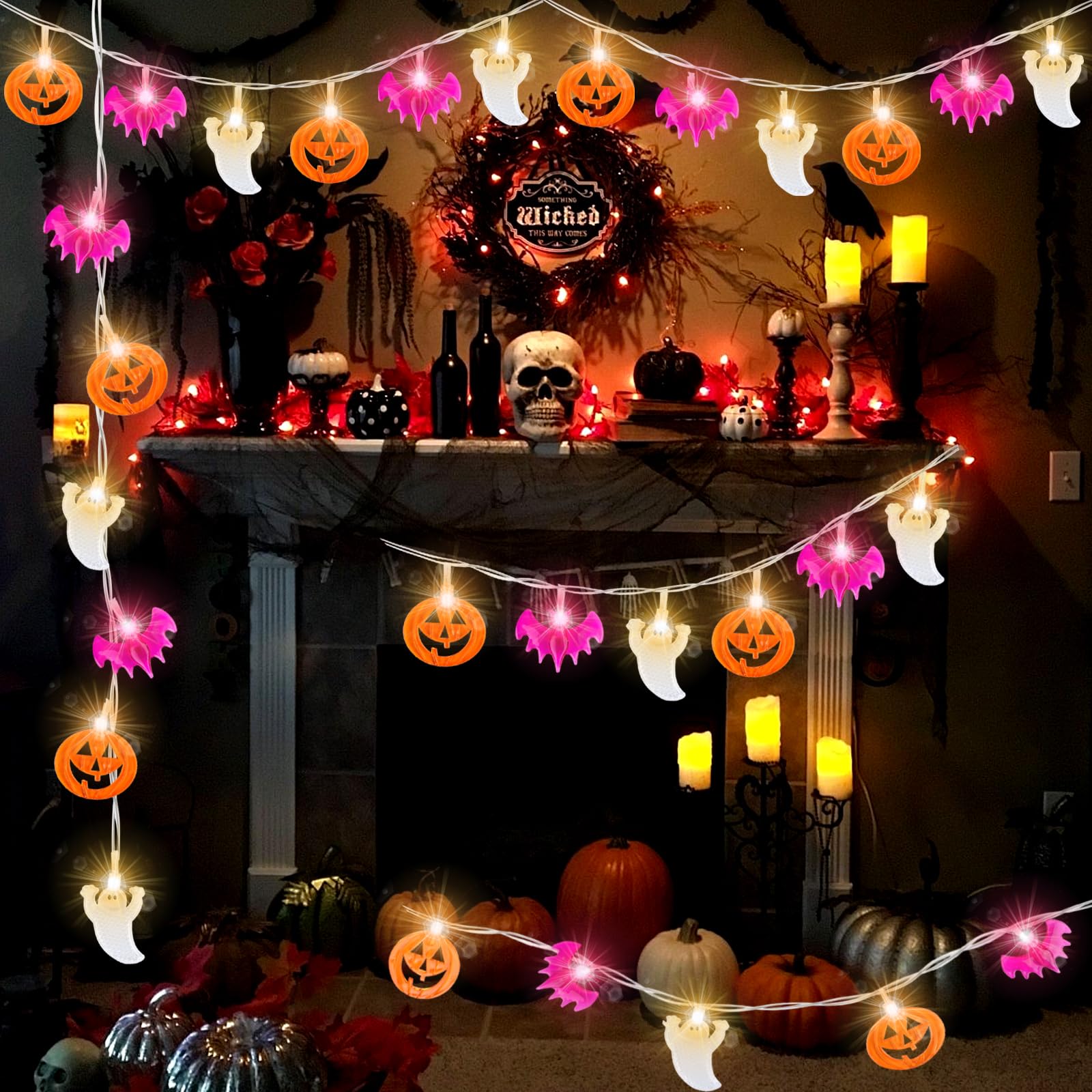 Luces de cadena de Halloween 3 metros 20 LEDs calabazas fantasmas murciélagos