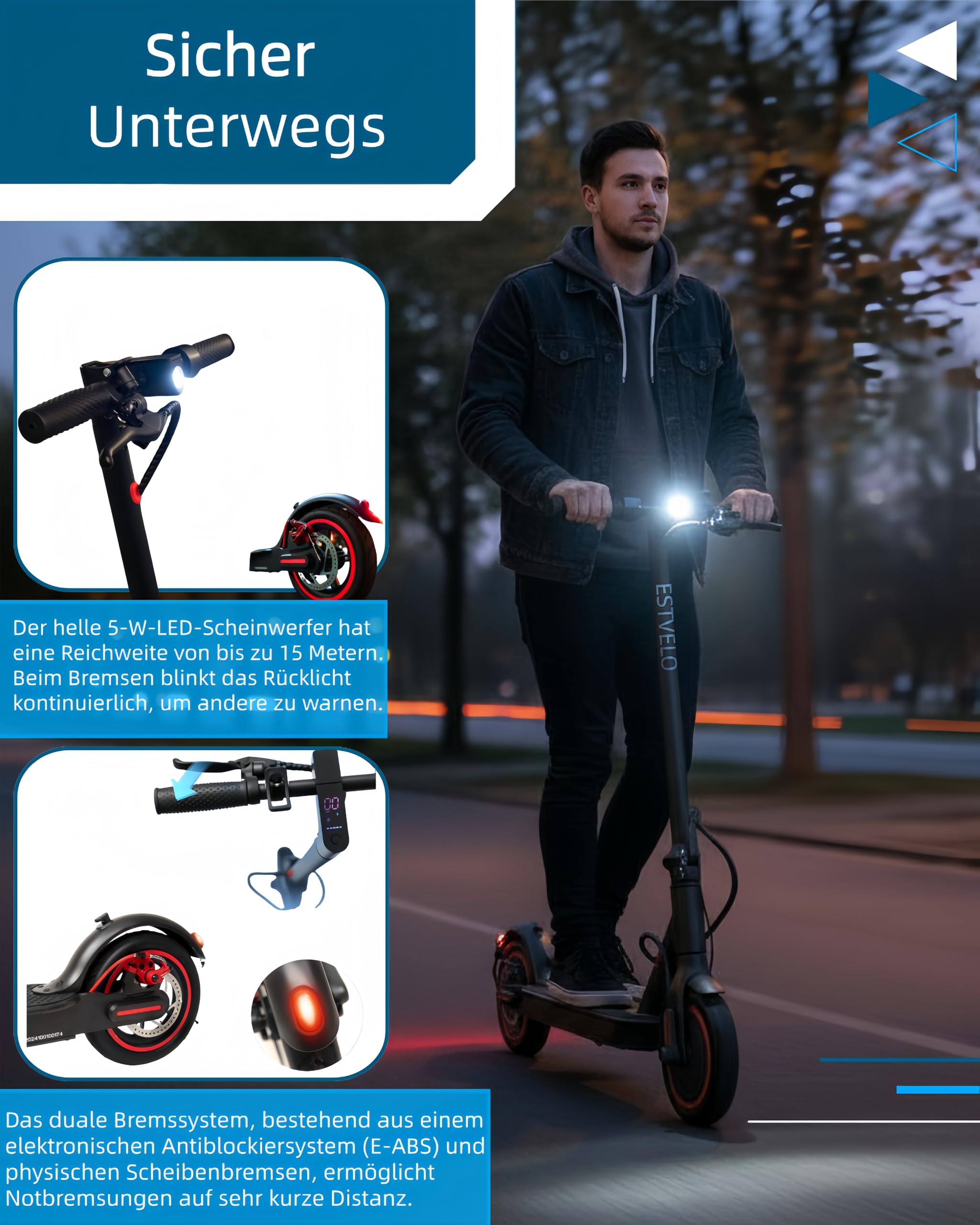 E-Scooter mit Luftreifen, S3 PRO Elektroroller 20km/h - 15% Steigung, 30km Reichweite, 120kg Belastung, Duales Bremssystem, Display, App, E Roller für Erwachsene