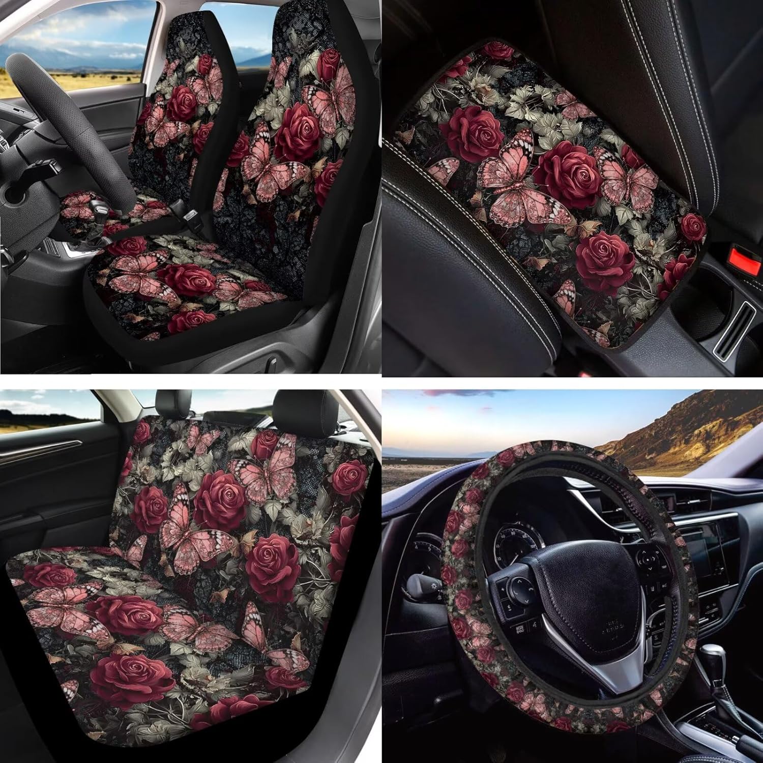 Butterfly Rose Print Car Seat Cover Full Set with Auto Steering Wheel Cover Seat Belt Protector Armrest Pad Auto Rear View Mirror Protector Set of 15, Pink and Green